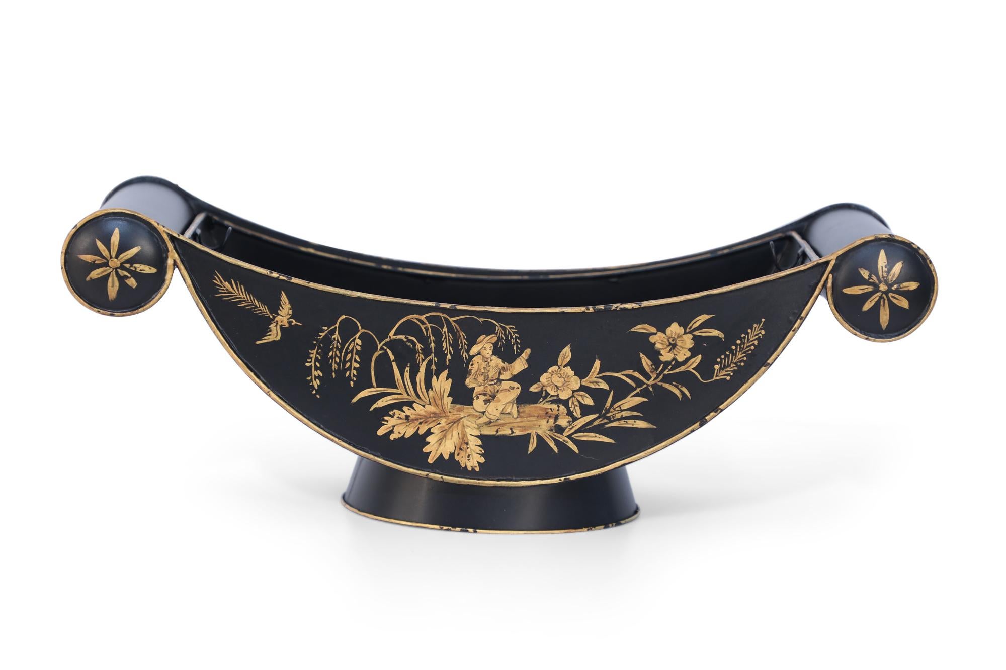Metal Pair of Chinese Black and Gold Tole Scroll Handle Vessel Planters For Sale