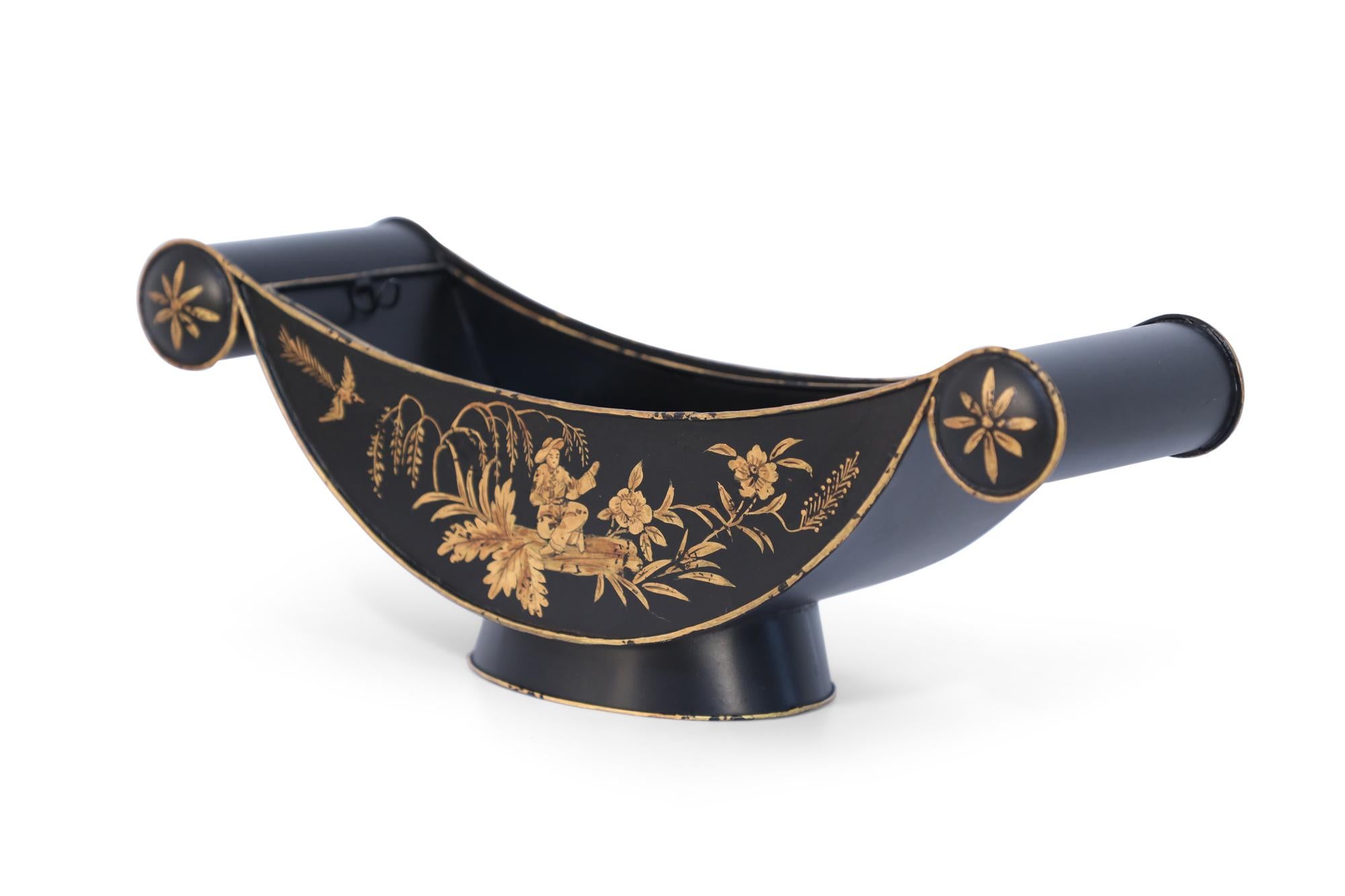 Pair of Chinese Black and Gold Tole Scroll Handle Vessel Planters For Sale 1