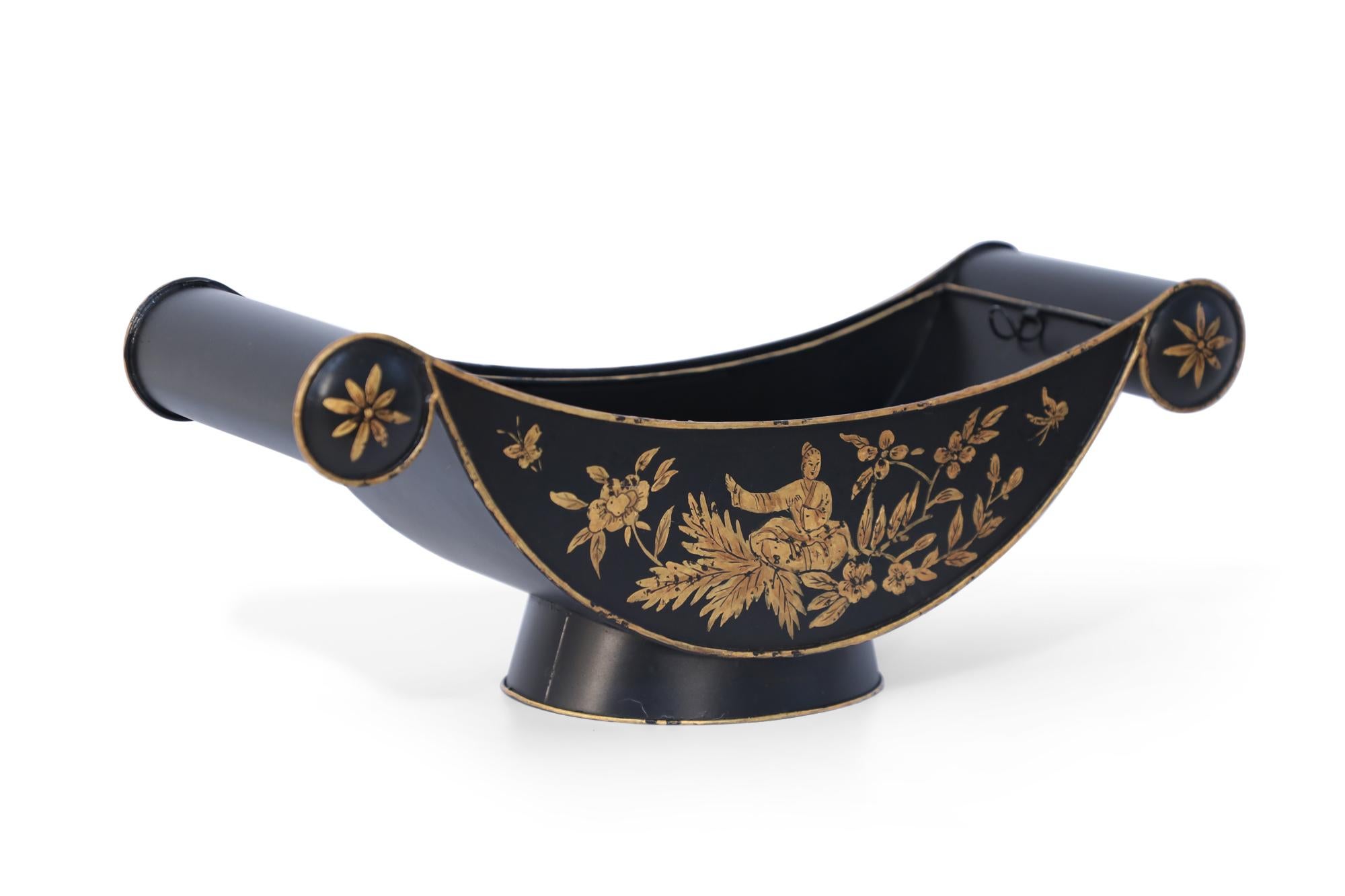 Pair of Chinese Black and Gold Tole Scroll Handle Vessel Planters For Sale 3