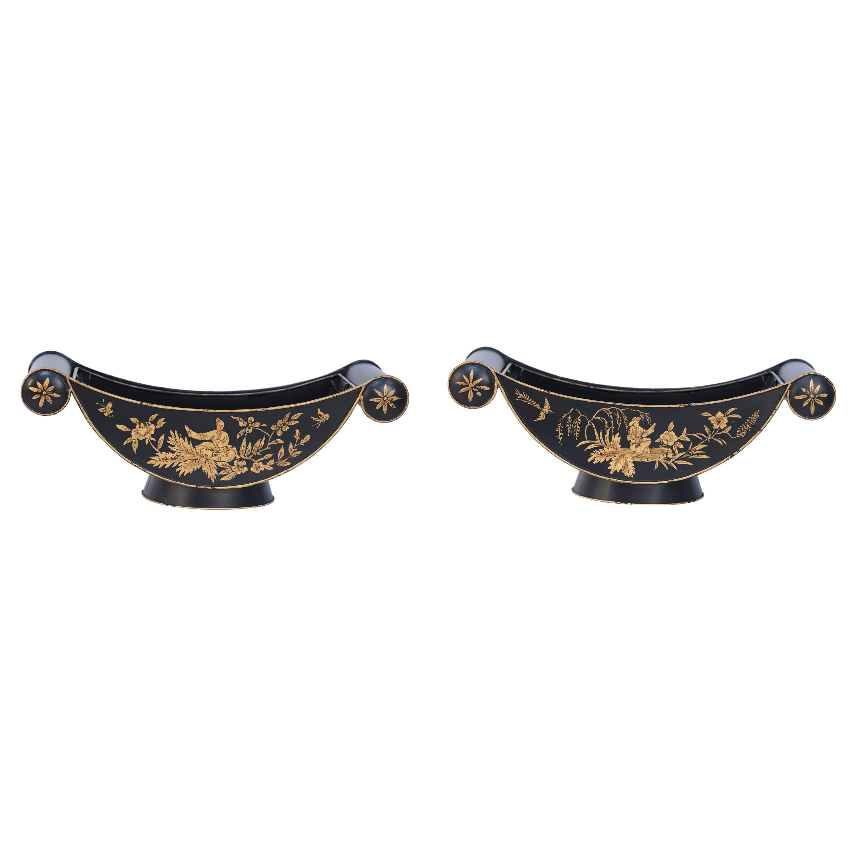 Pair of Chinese Black and Gold Tole Scroll Handle Vessel Planters For Sale