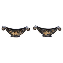 Vintage Pair of Chinese Black and Gold Tole Scroll Handle Vessel Planters