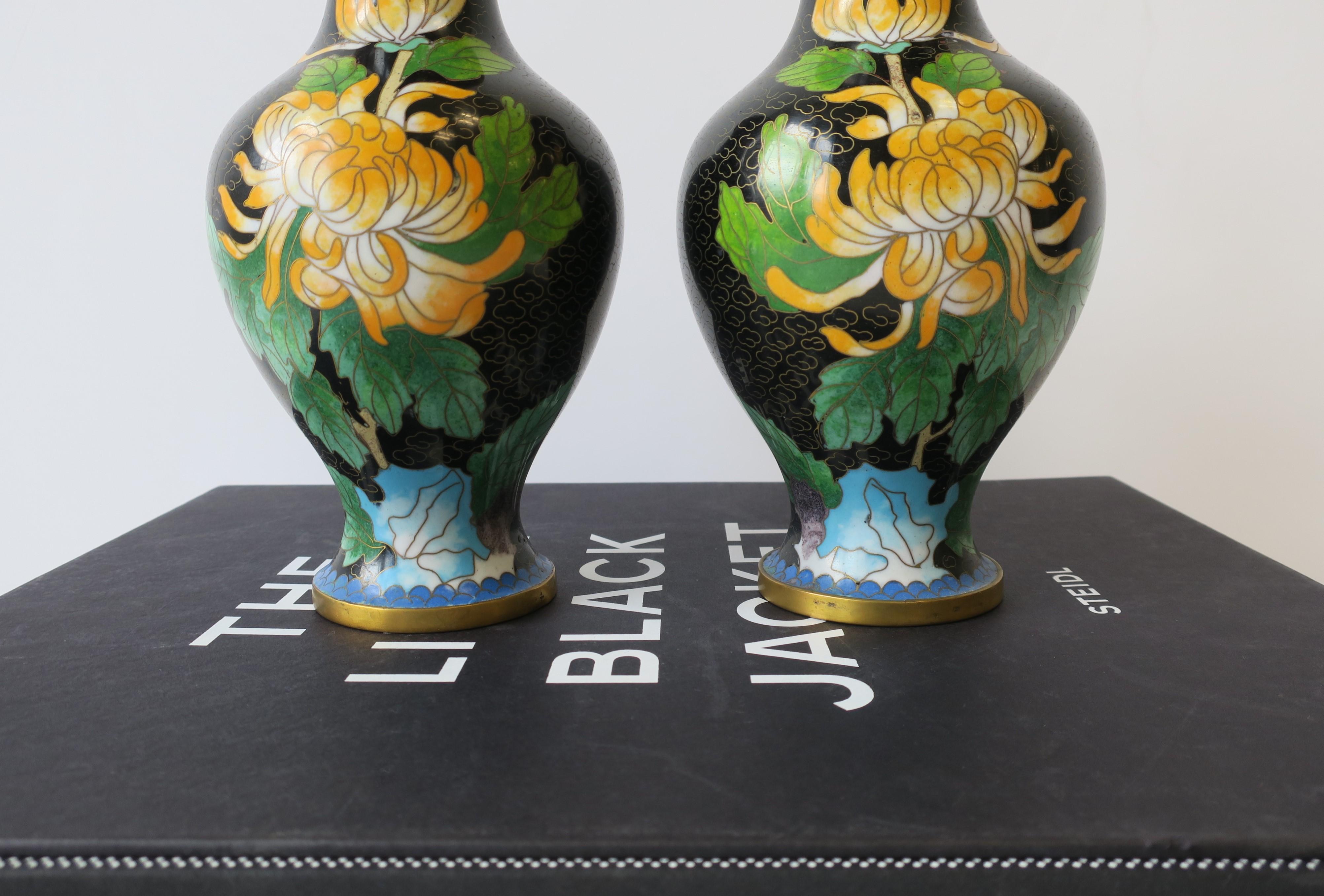 Japanese Black and Green Cloisonné́ Enamel and Brass Flower Vases, Pair For Sale