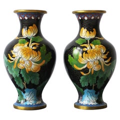 Enamel Brass Vases Flowers and Butterflies Cloisonné́, Pair