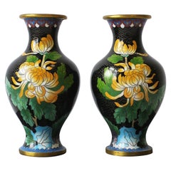 Vintage Black and Green Cloisonné́ Enamel and Brass Flower Vases, Pair