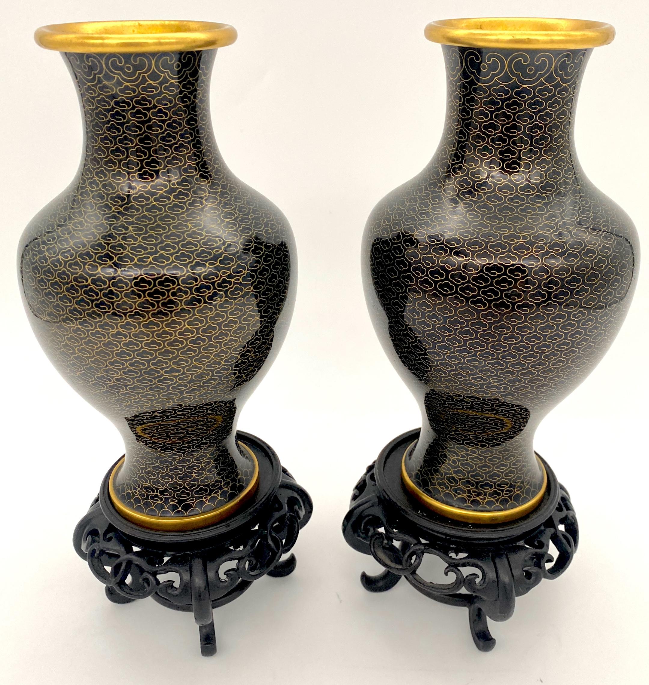 Intagliato Pair of Chinese Black & Gilt Brass Fish Scale Cloisonné Vases, with Stands in vendita