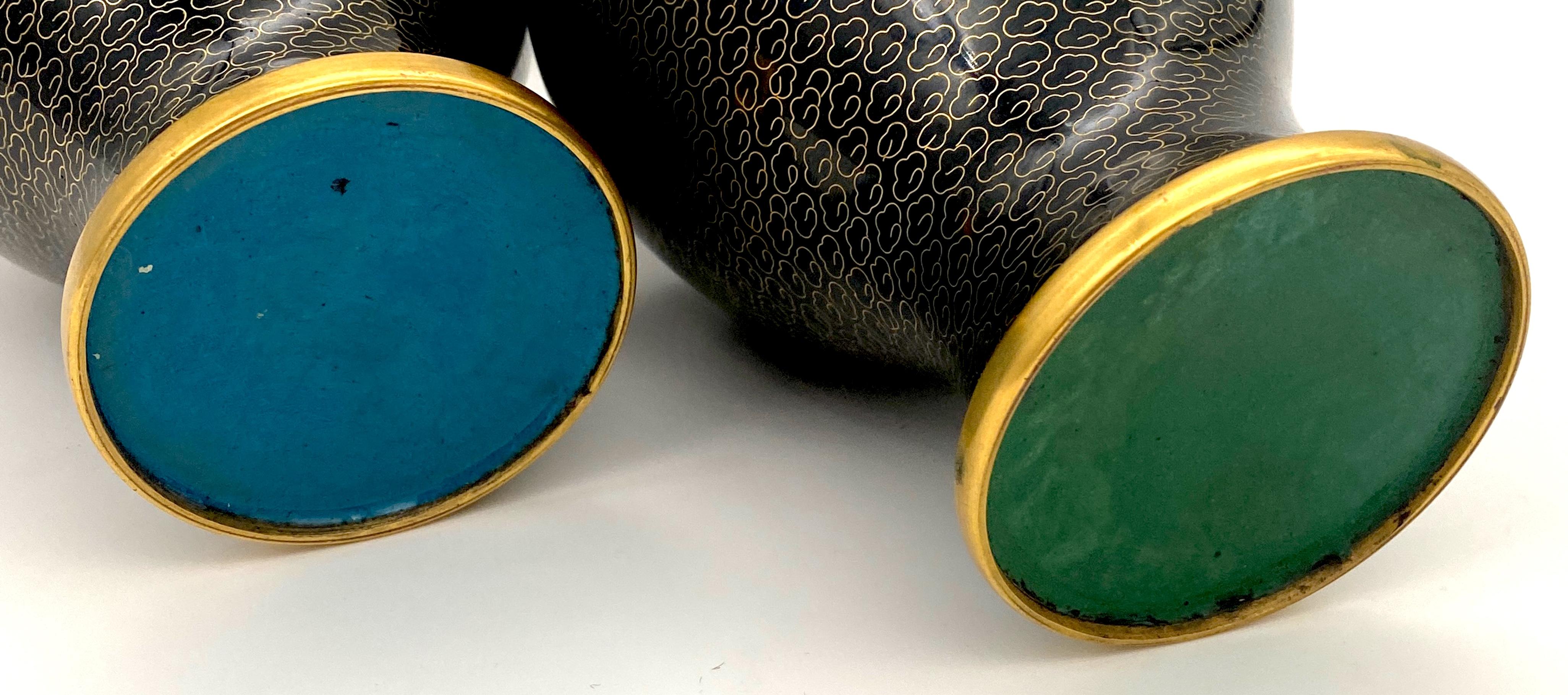 XX secolo Pair of Chinese Black & Gilt Brass Fish Scale Cloisonné Vases, with Stands in vendita
