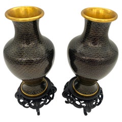 Pair of Chinese Black & Gilt Brass Fish Scale Cloisonné Vases, with Stands