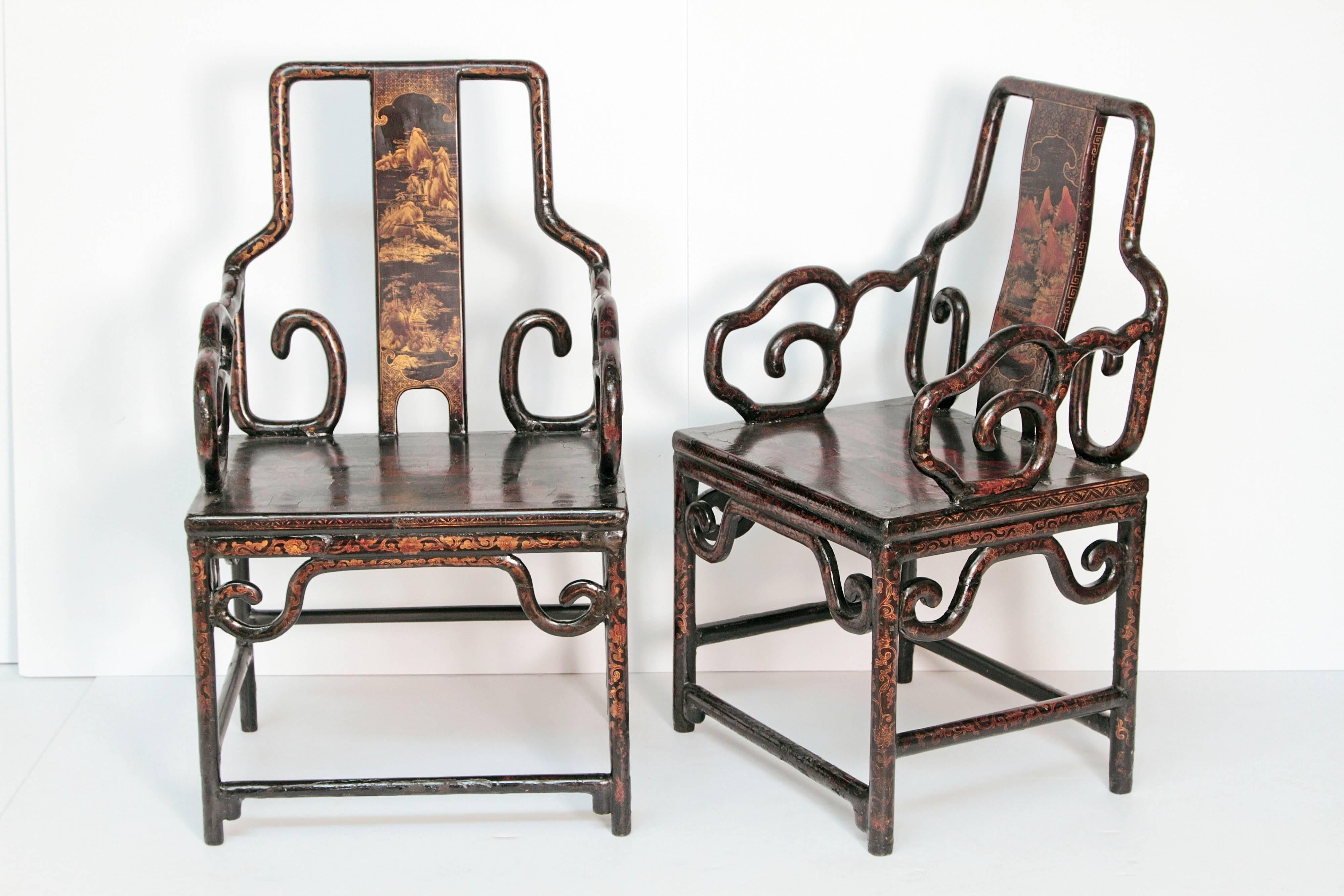 Lacquered Pair of Chinese Black Lacquer Armchairs, Late 19th Century