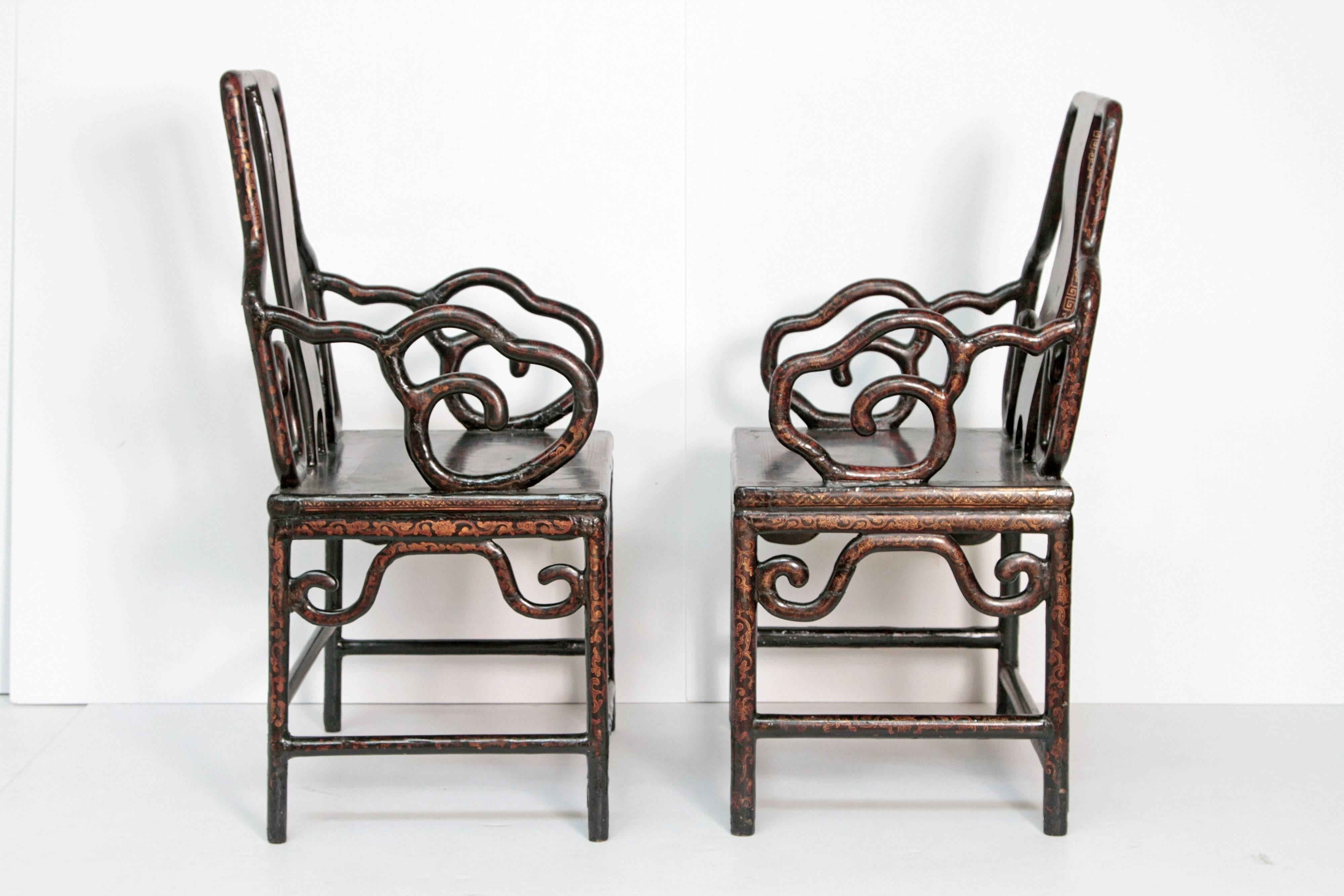Pair of Chinese Black Lacquer Armchairs, Late 19th Century In Good Condition In Dallas, TX