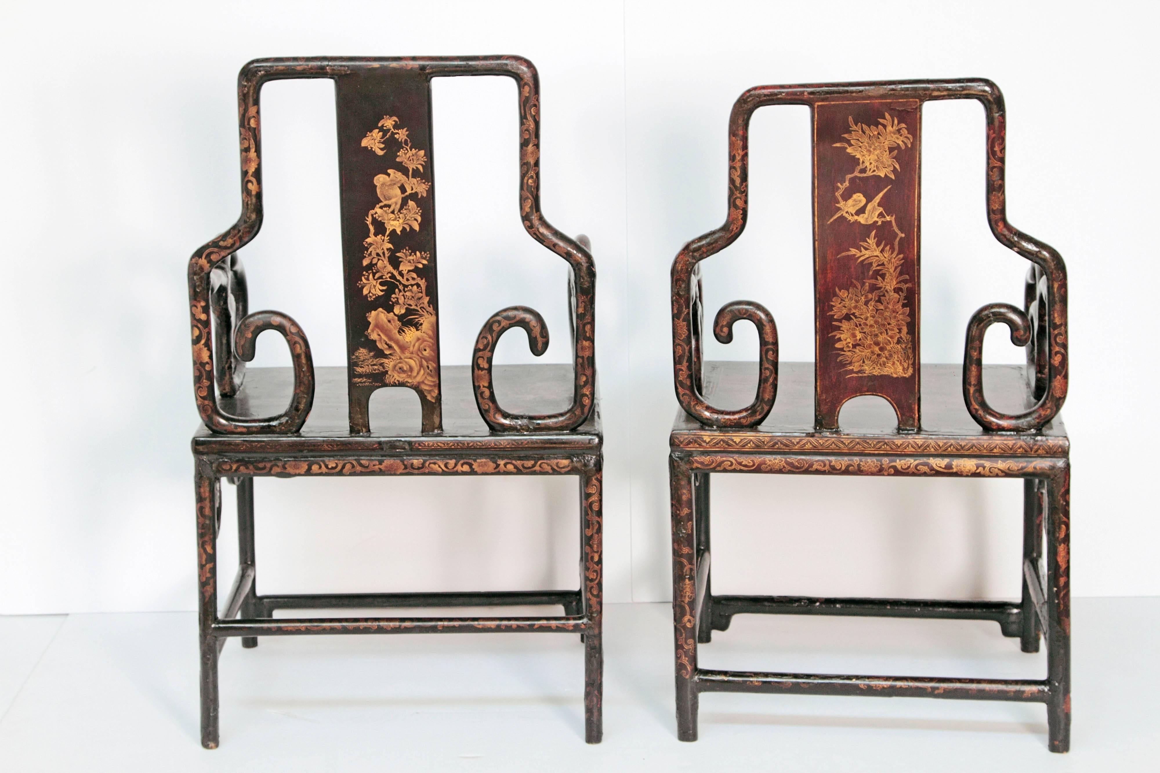 Wood Pair of Chinese Black Lacquer Armchairs, Late 19th Century