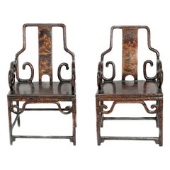 Antique Pair of Chinese Black Lacquer Armchairs, Late 19th Century