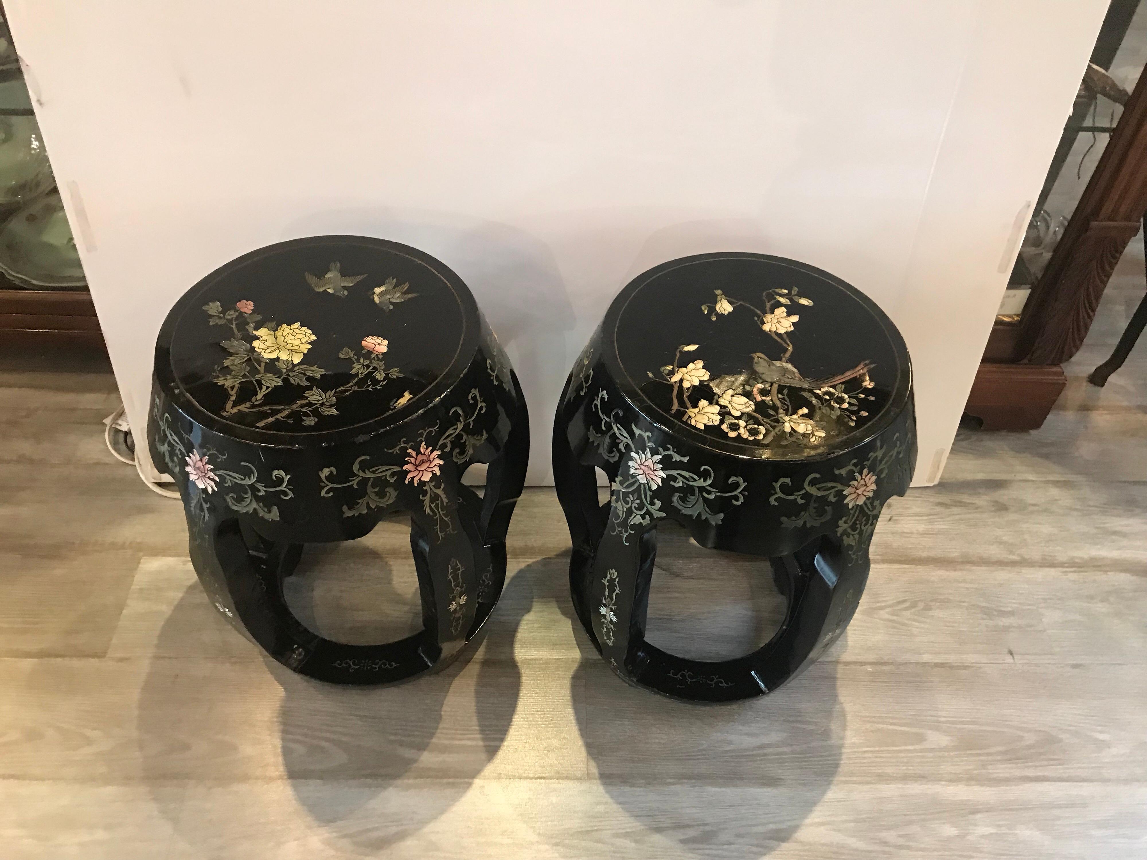 Hollywood Regency Pair of Chinese Black Lacquer Garden Seat Stands