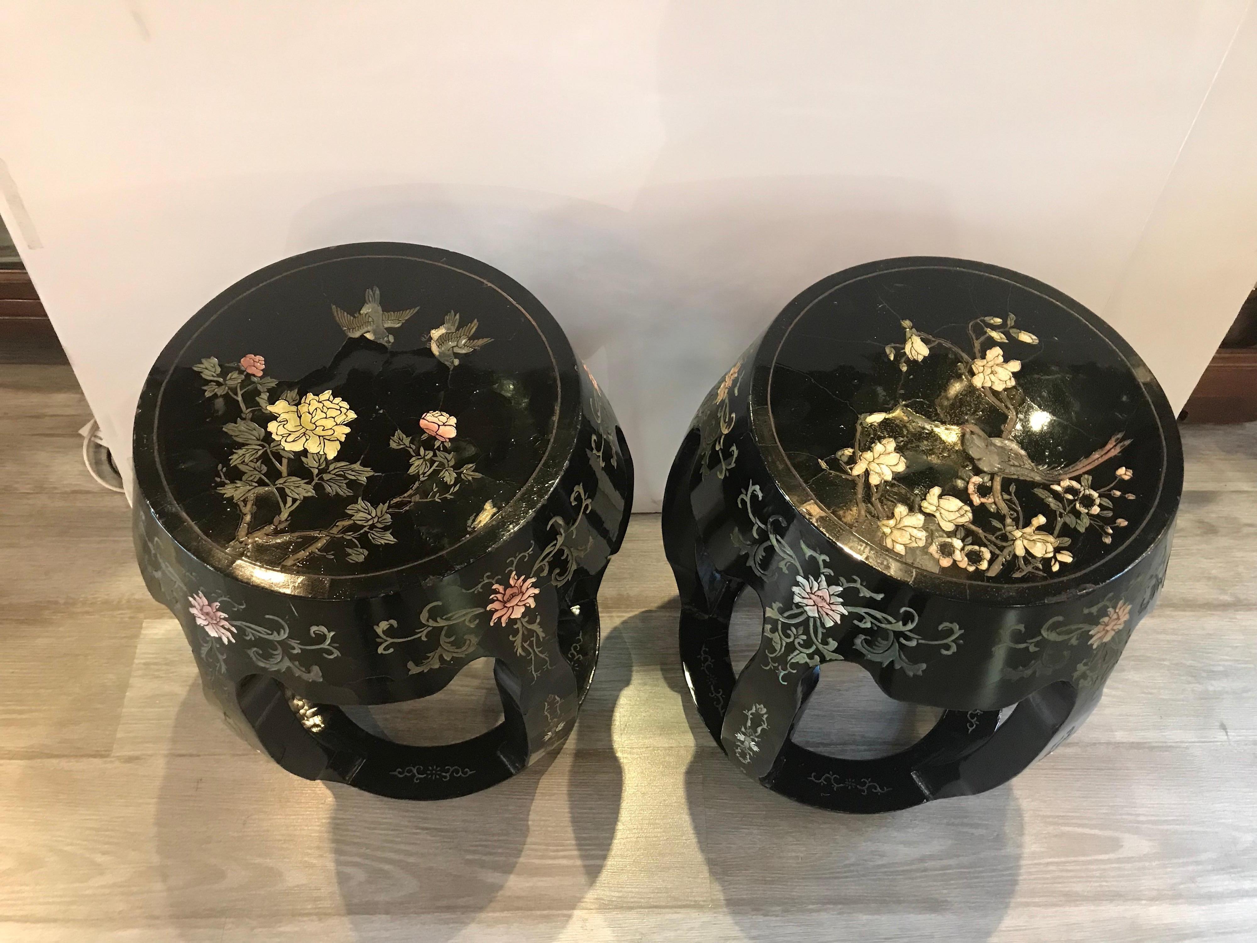 Pair of Chinese Black Lacquer Garden Seat Stands 1