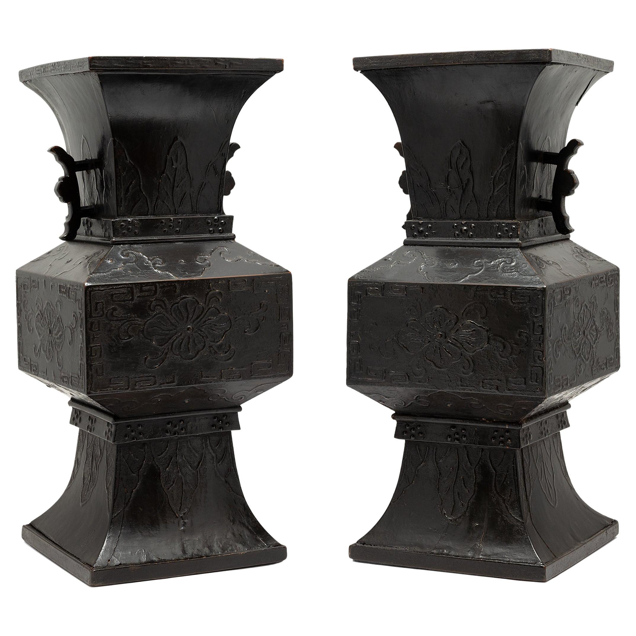 Vintage Pair of Lacquerware Vases, Chinese, 'Bodiless', Stem, Silver on