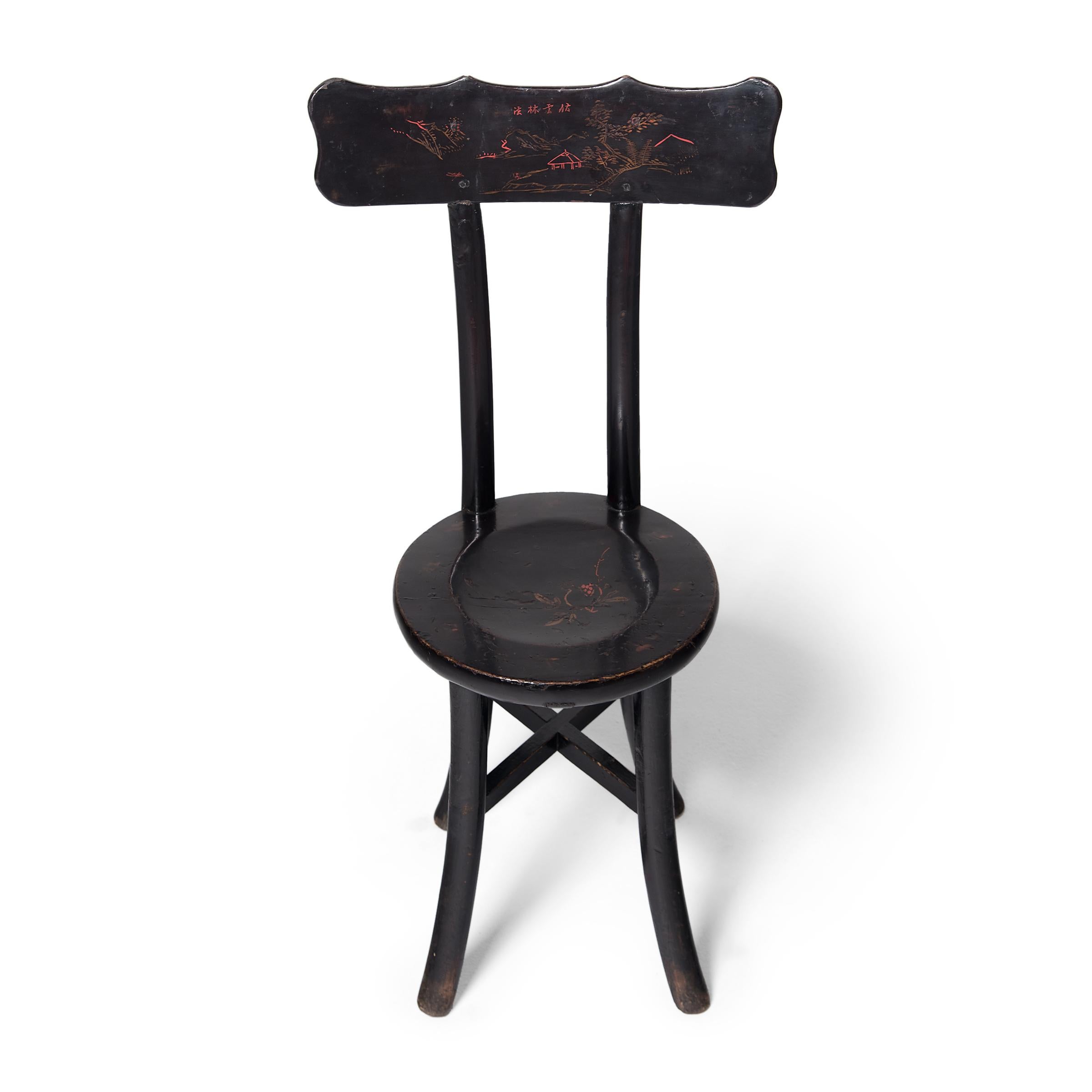 20th Century Pair of Chinese Black Lacquer Ladies' Chairs, c. 1900 For Sale