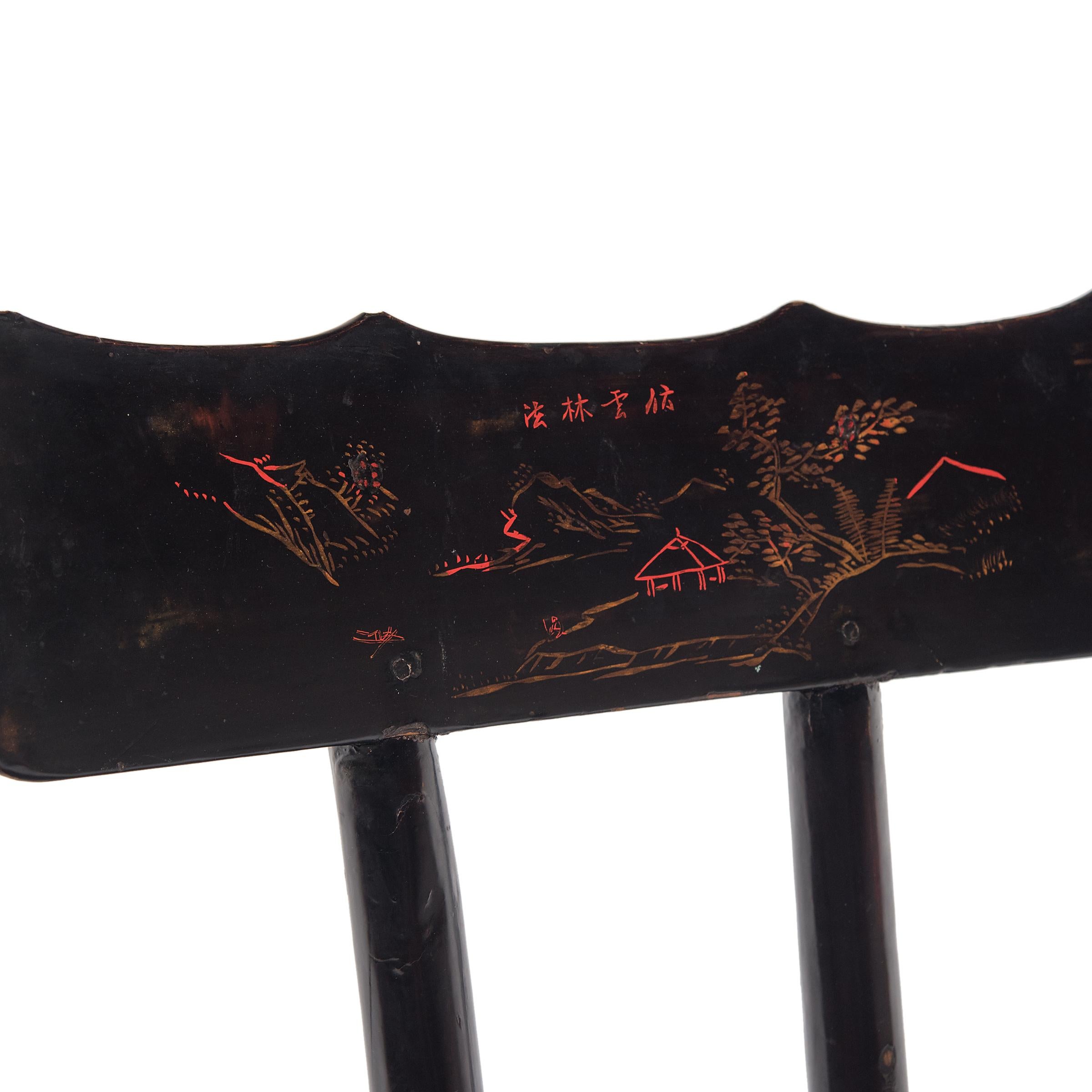Elm Pair of Chinese Black Lacquer Ladies' Chairs, c. 1900 For Sale