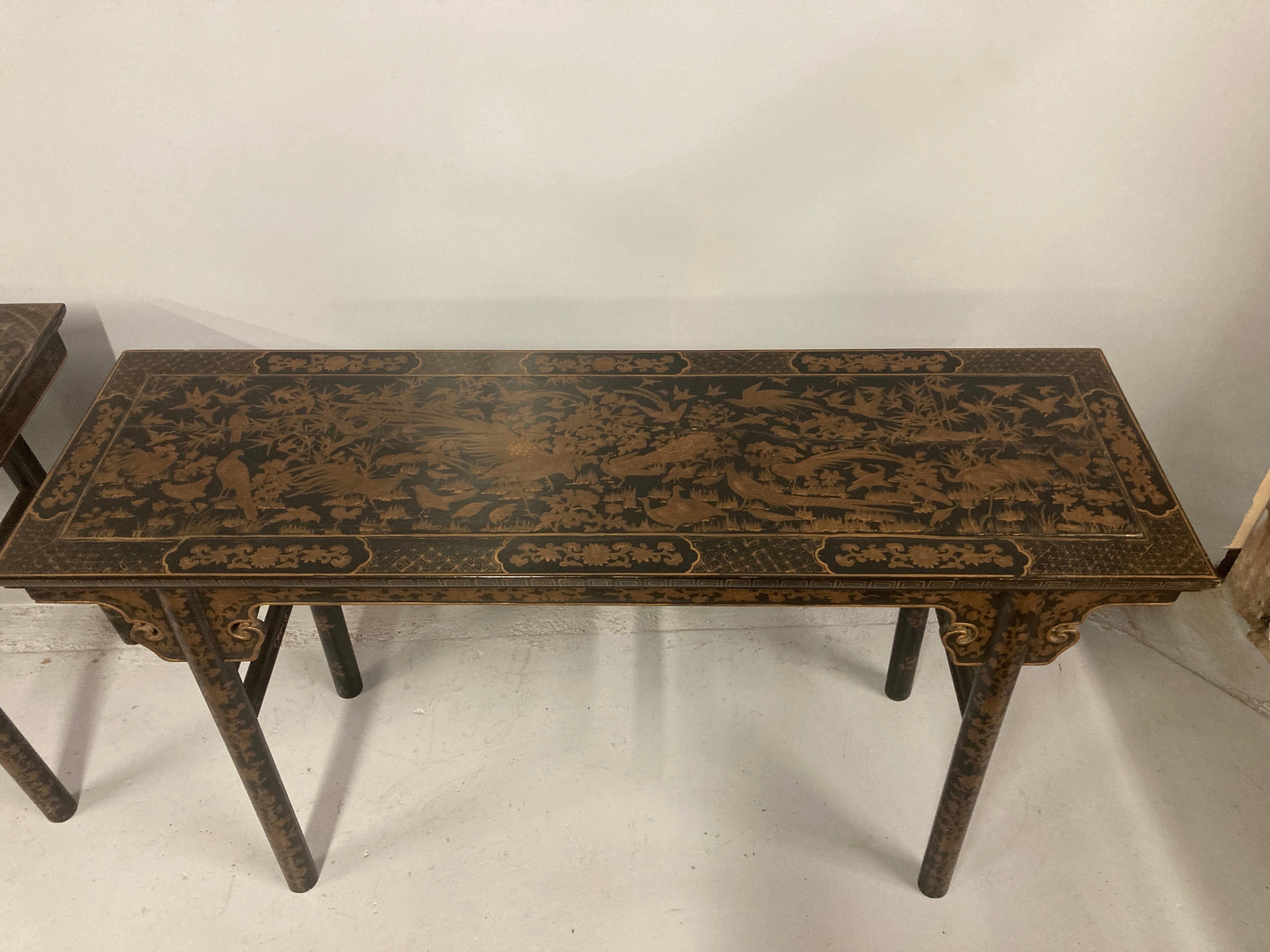 Gilt Pair of Chinese Black Lacquer Tables with Gilded Decoration