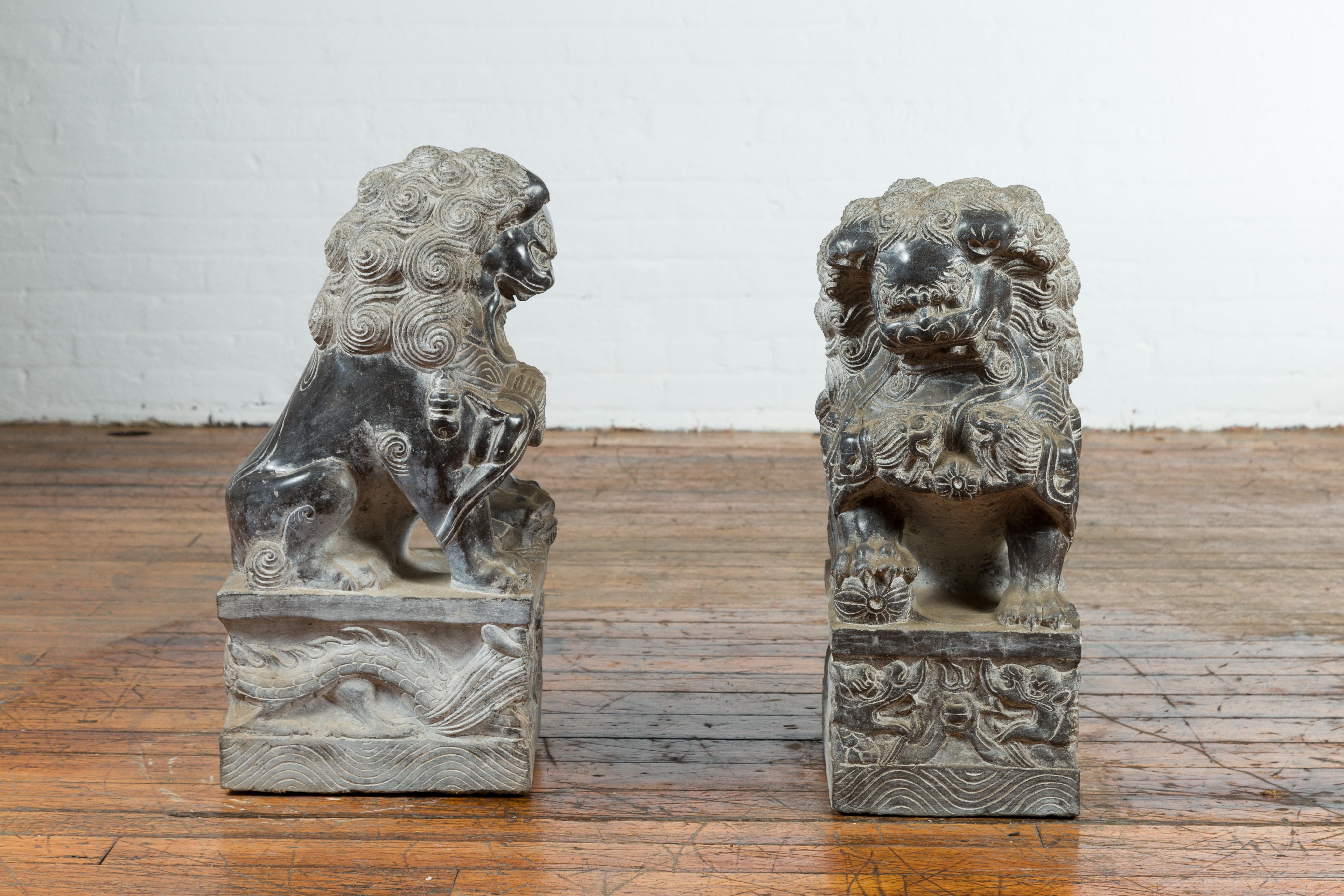 Pair of Chinese Black Marble Contemporary Facing Foo Dogs Guardian Lions For Sale 6