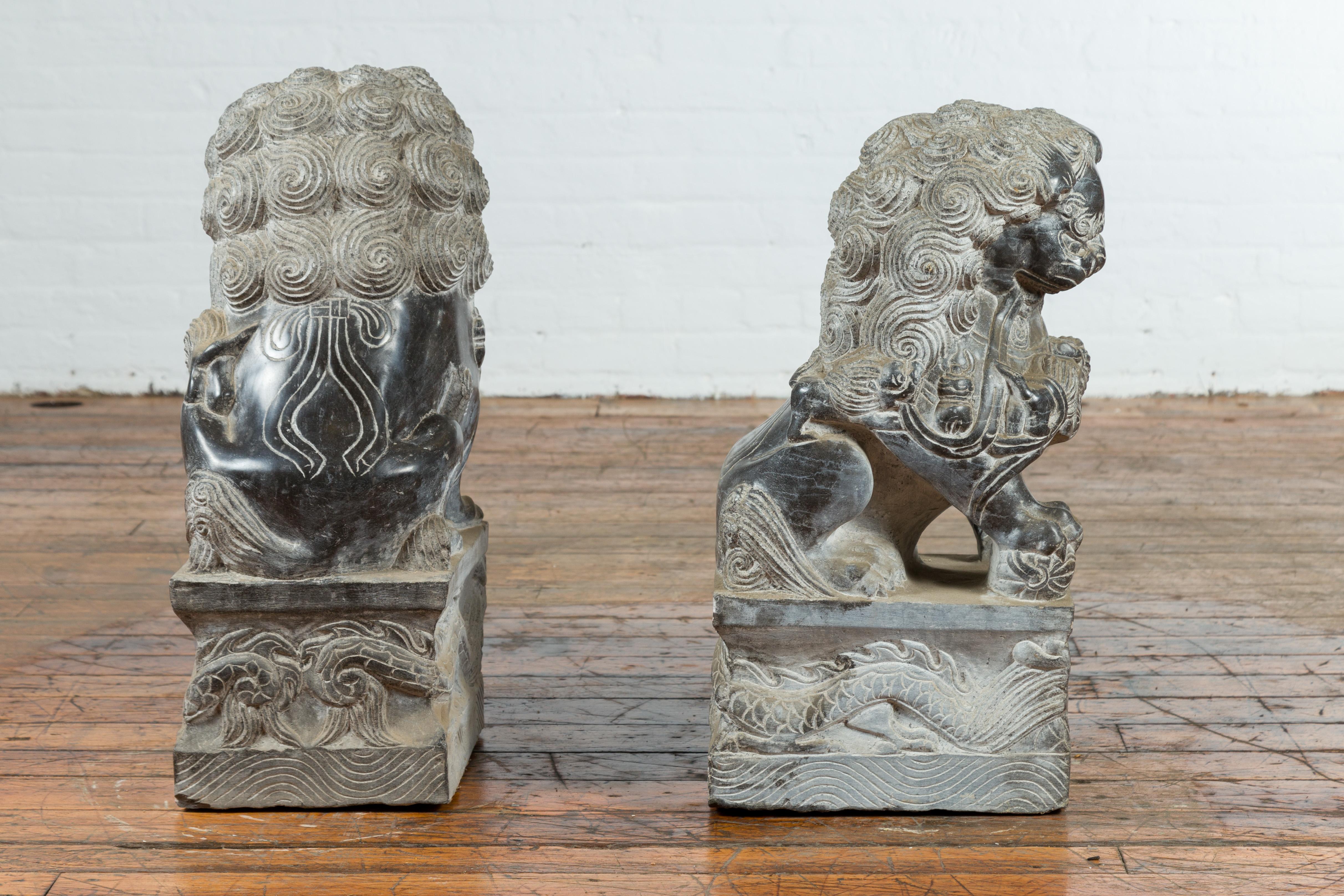 Pair of Chinese Black Marble Contemporary Facing Foo Dogs Guardian Lions For Sale 7