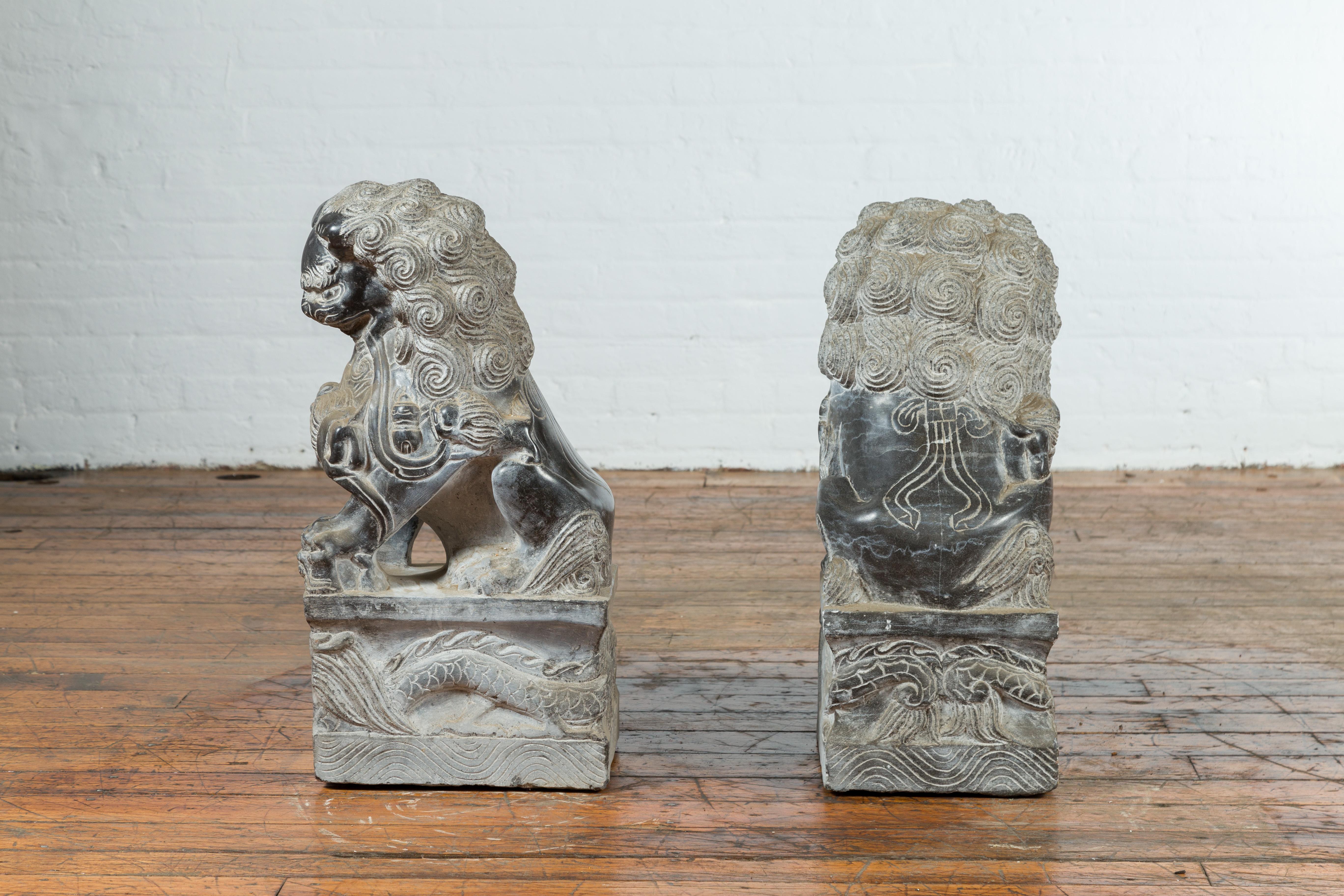 Pair of Chinese Black Marble Contemporary Facing Foo Dogs Guardian Lions For Sale 8