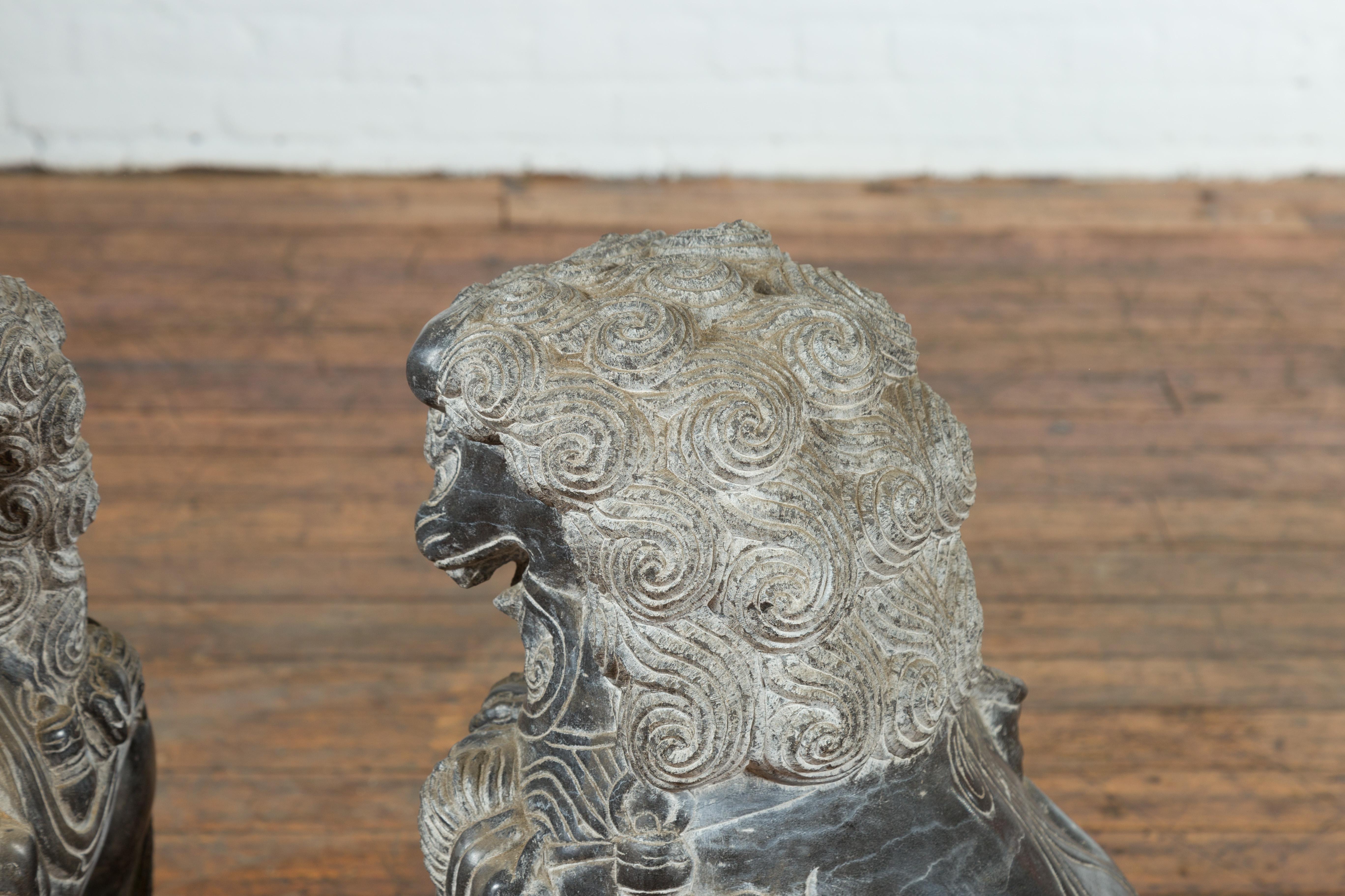 Pair of Chinese Black Marble Contemporary Facing Foo Dogs Guardian Lions 10