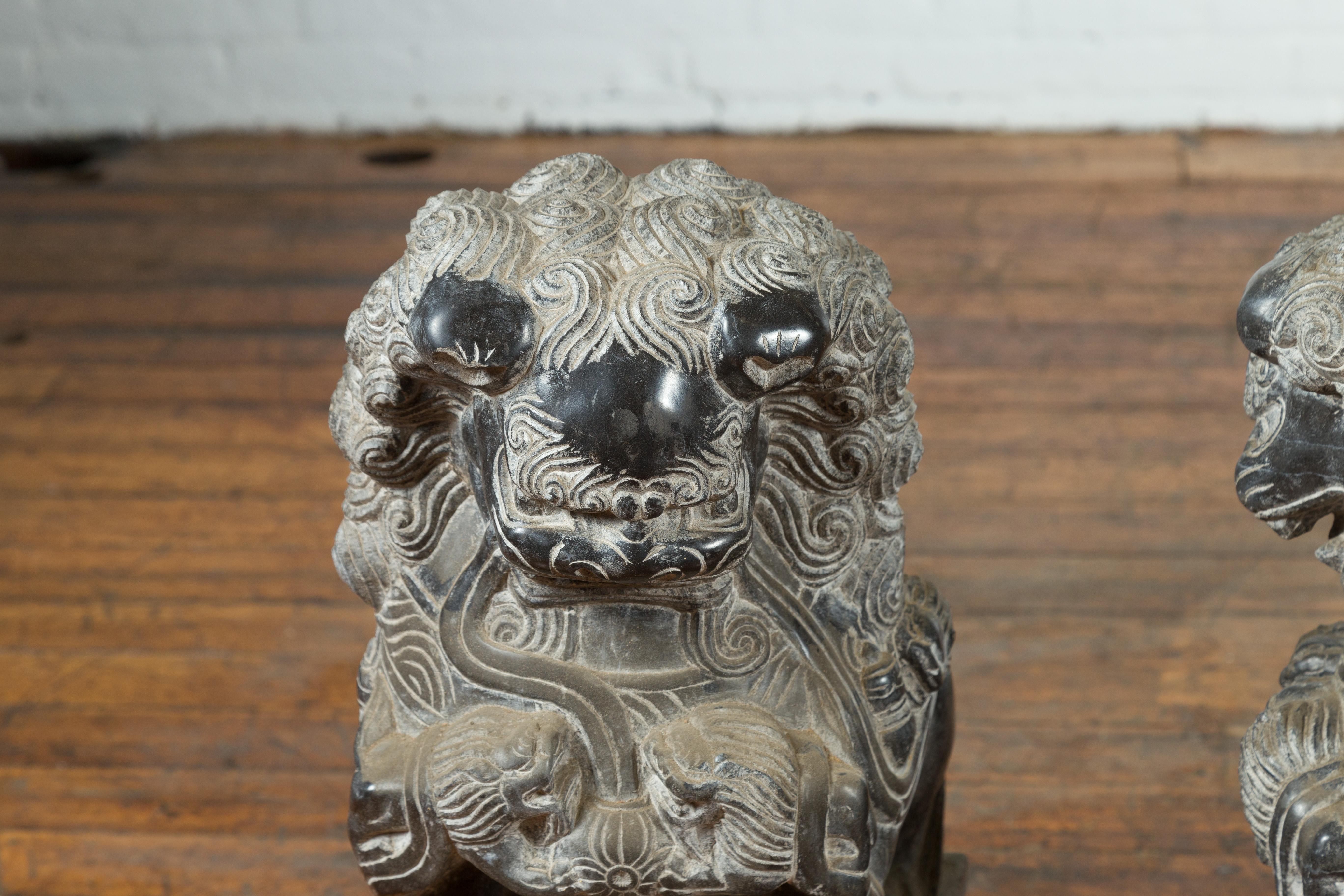 Pair of Chinese Black Marble Contemporary Facing Foo Dogs Guardian Lions 11