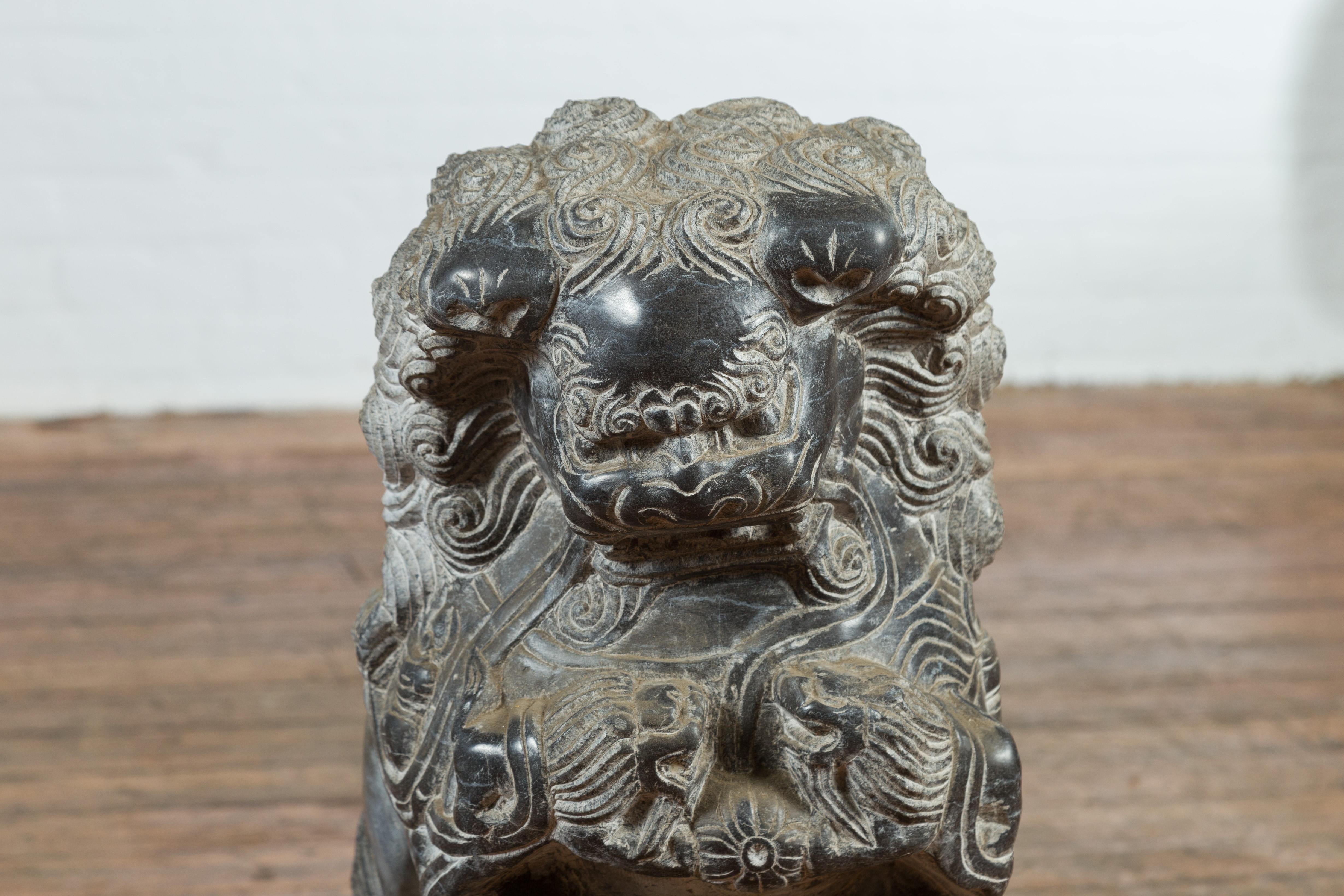 Pair of Chinese Black Marble Contemporary Facing Foo Dogs Guardian Lions For Sale 3
