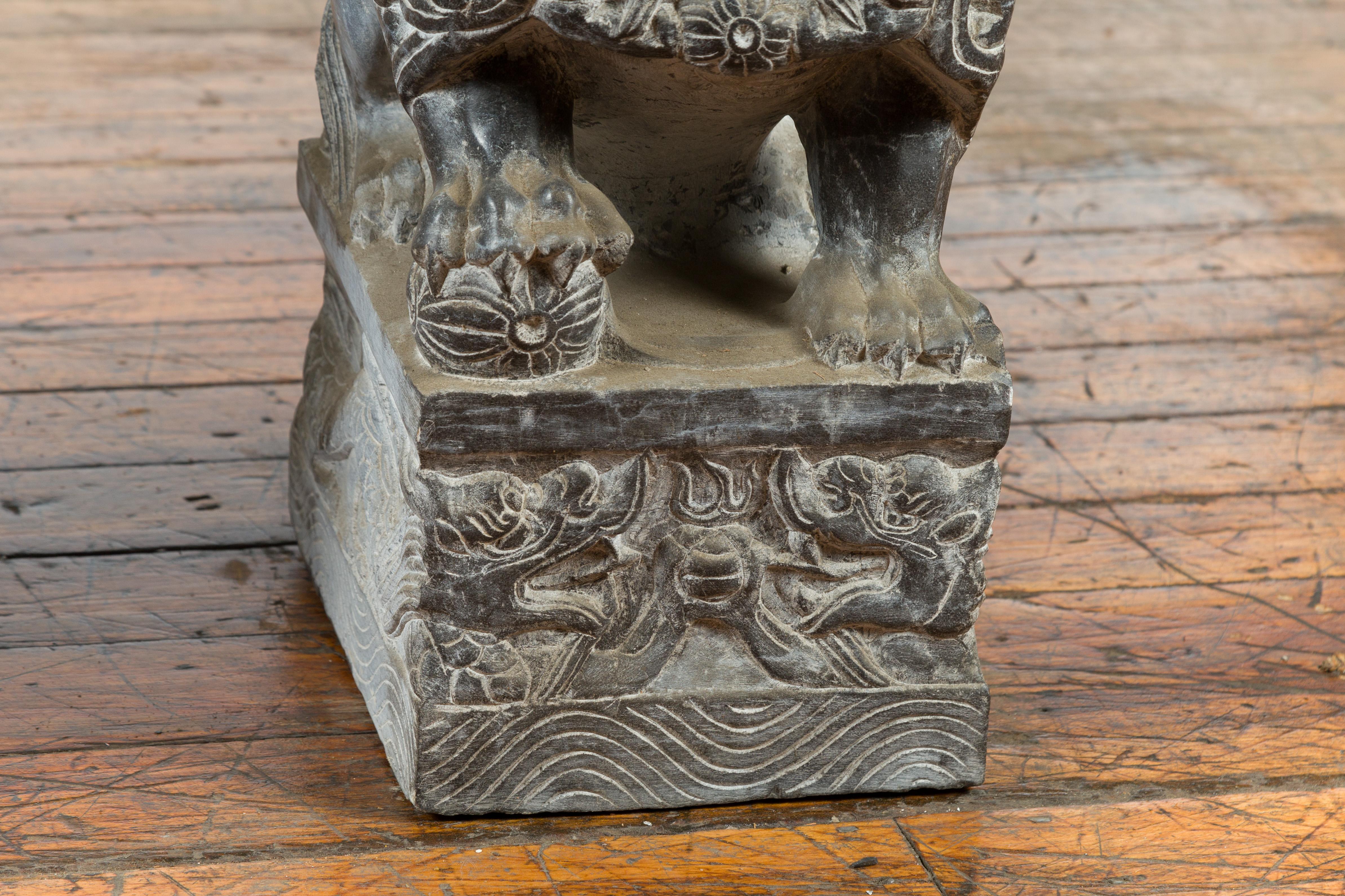 Pair of Chinese Black Marble Contemporary Facing Foo Dogs Guardian Lions 5