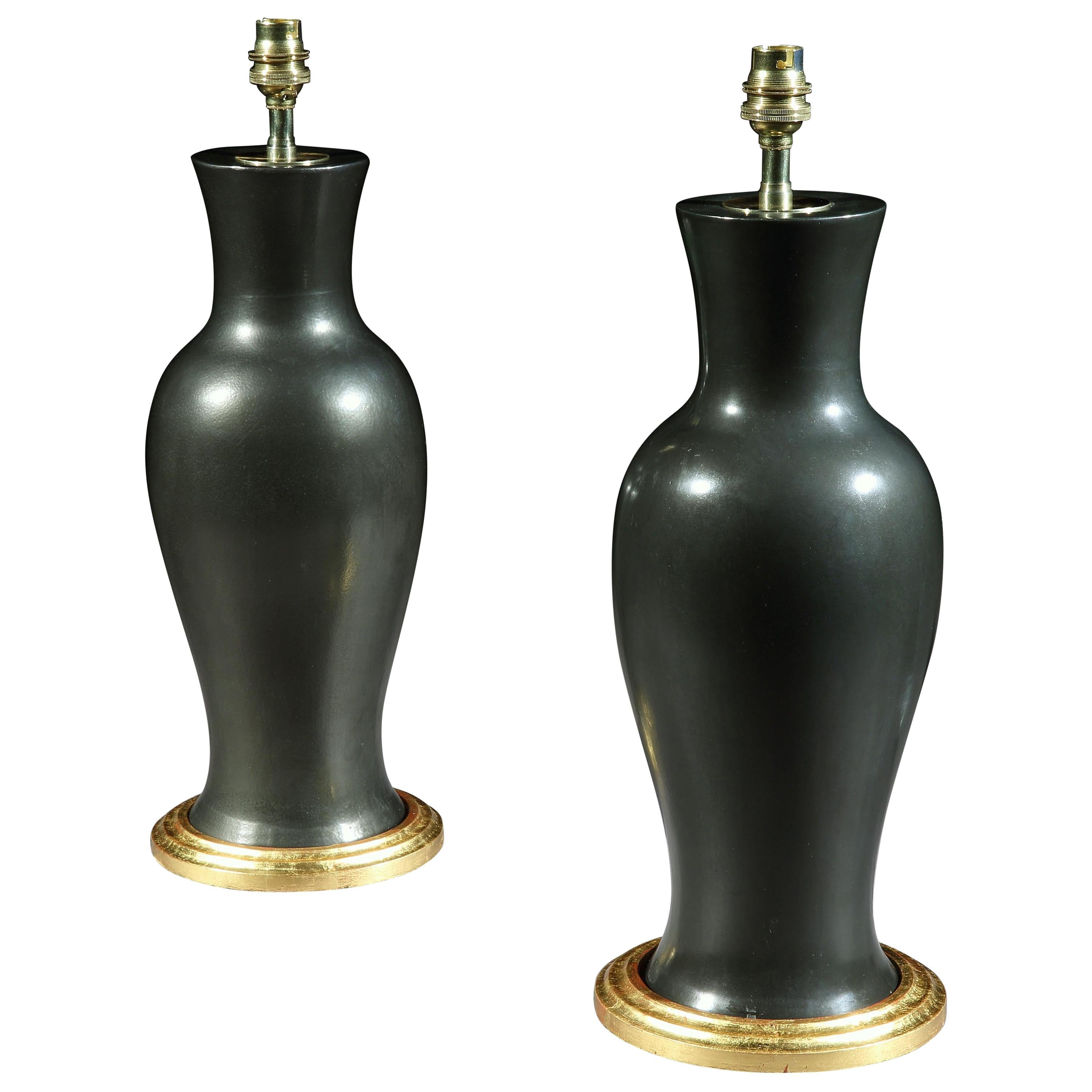 Pair of Chinese Black Porcelain Baluster Table Lamps