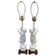 Pair of Chinese Blanc De Chine Guanyin and Lotus Leaf Table Lamps