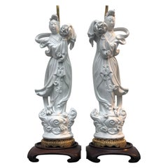 Pair of Chinese Blanc De Chine Guanyin and Lotus Leaf Table Lamps