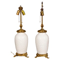 Pair Of Chinese Blanc De Chine Porcelain Ormolu Mounted Table Lamps