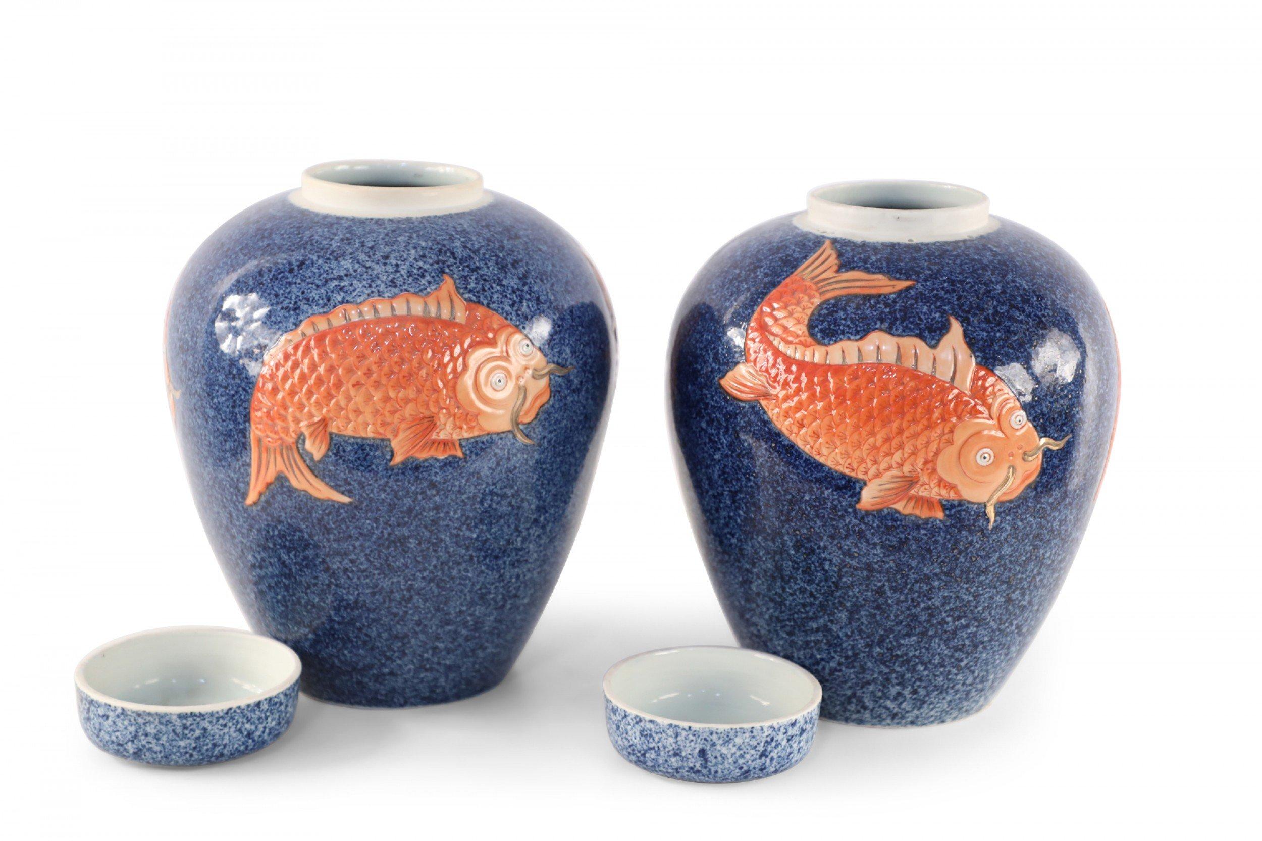 Chinese Export Pair of Chinese Blue and Orange Fish Design Lidded Porcelain Jars For Sale