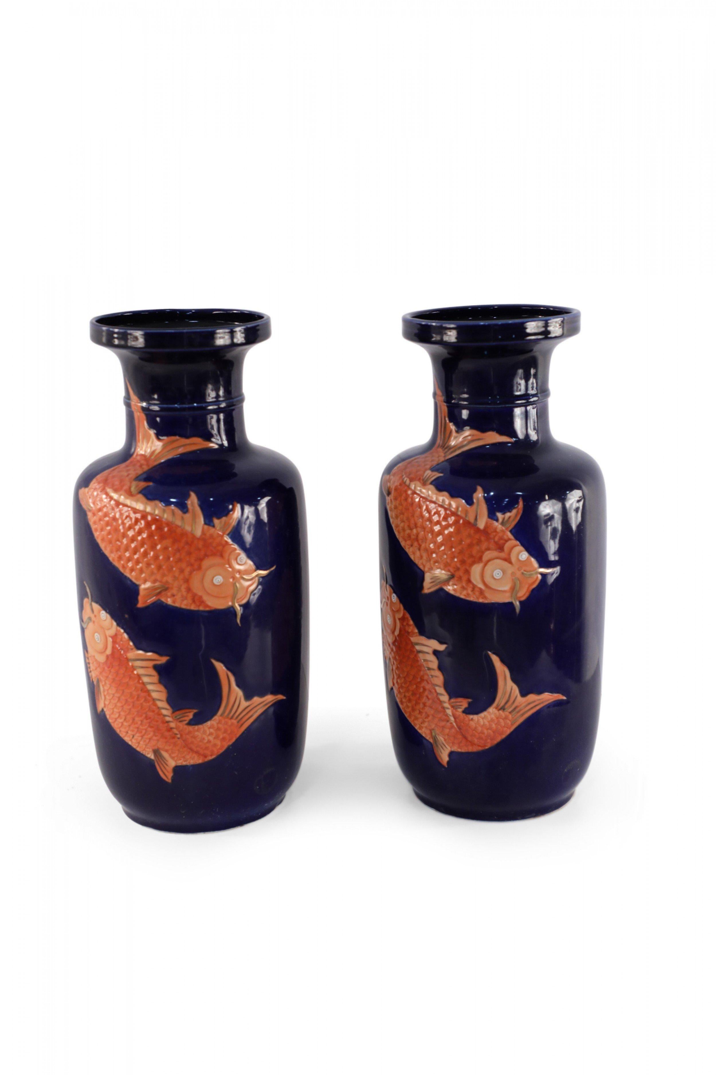 Chinese Export Pair of Chinese Blue and Orange Fish Design Porcelain Sleeve Vases For Sale