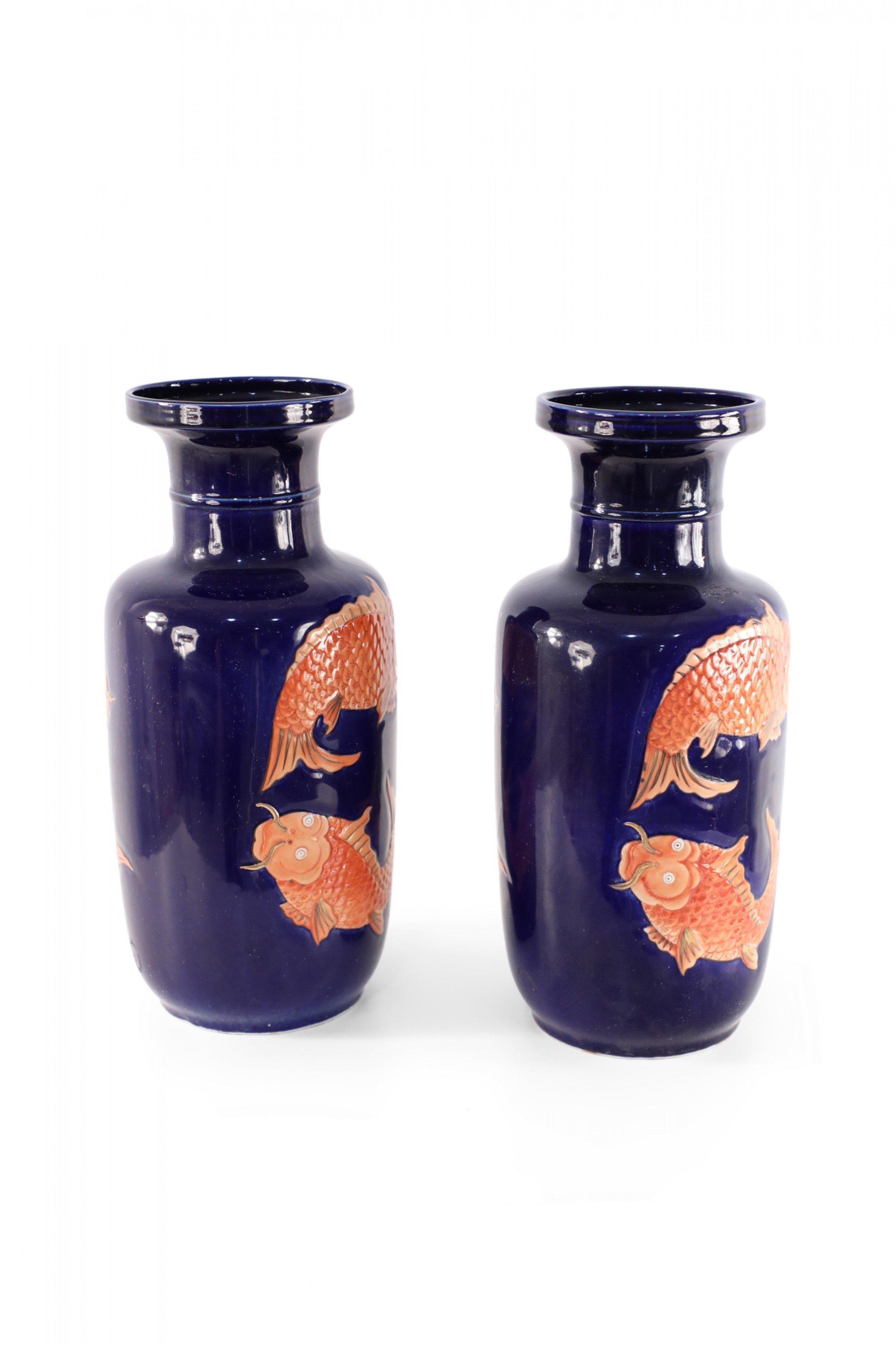 Pair of Chinese Blue and Orange Fish Design Porcelain Sleeve Vases In Good Condition For Sale In New York, NY