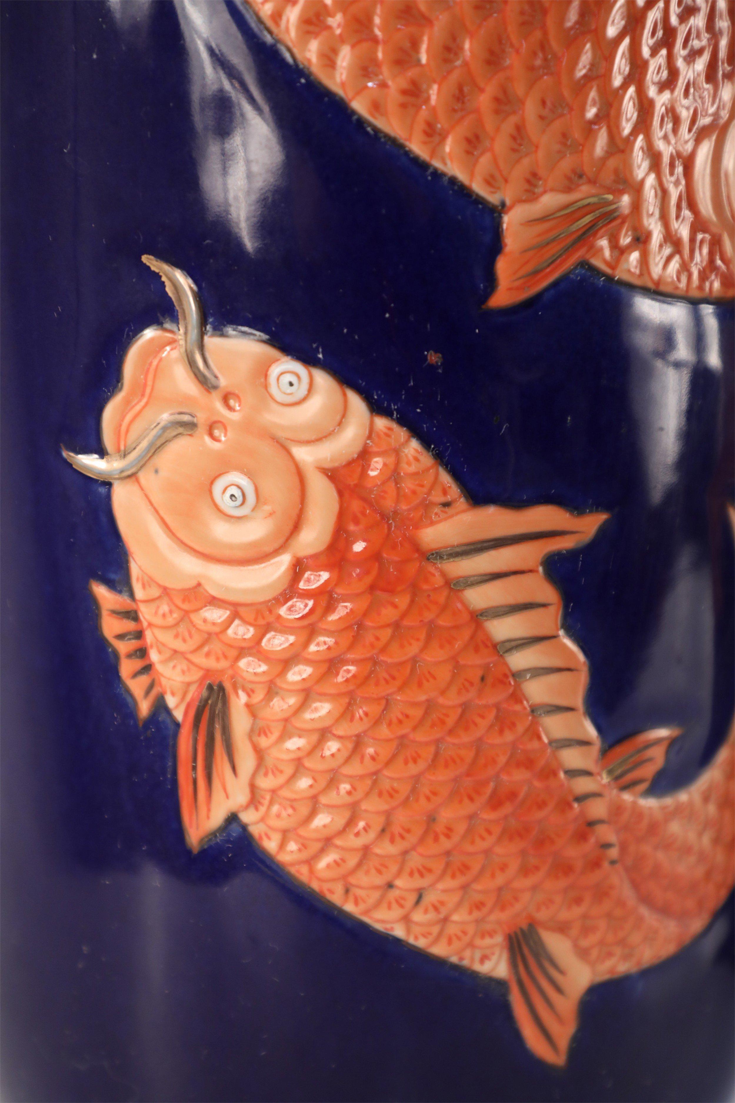Pair of Chinese Blue and Orange Fish Design Porcelain Sleeve Vases For Sale 1