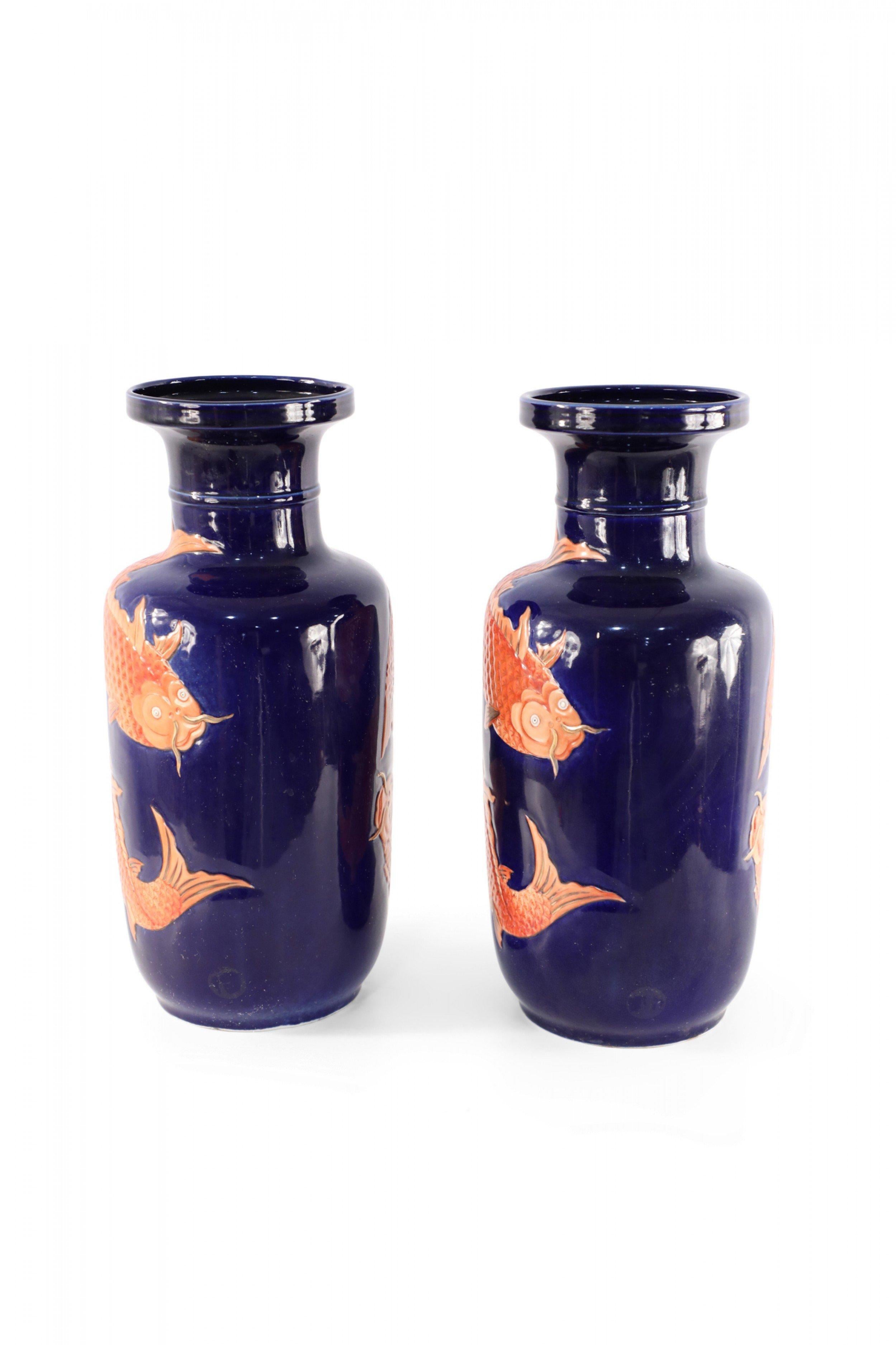 Pair of Chinese Blue and Orange Fish Design Porcelain Sleeve Vases For Sale 1