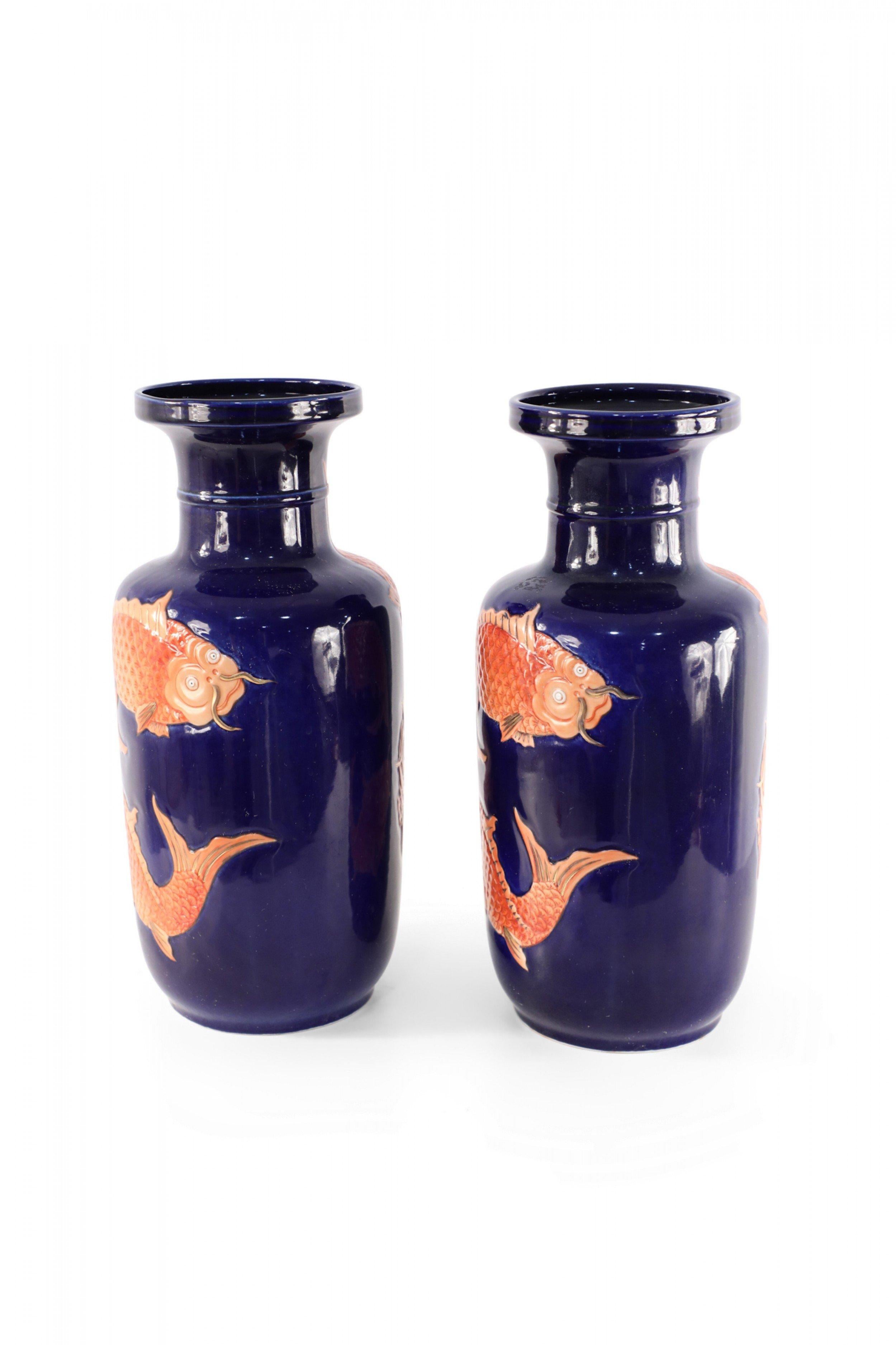 Pair of Chinese Blue and Orange Fish Design Porcelain Sleeve Vases For Sale 2