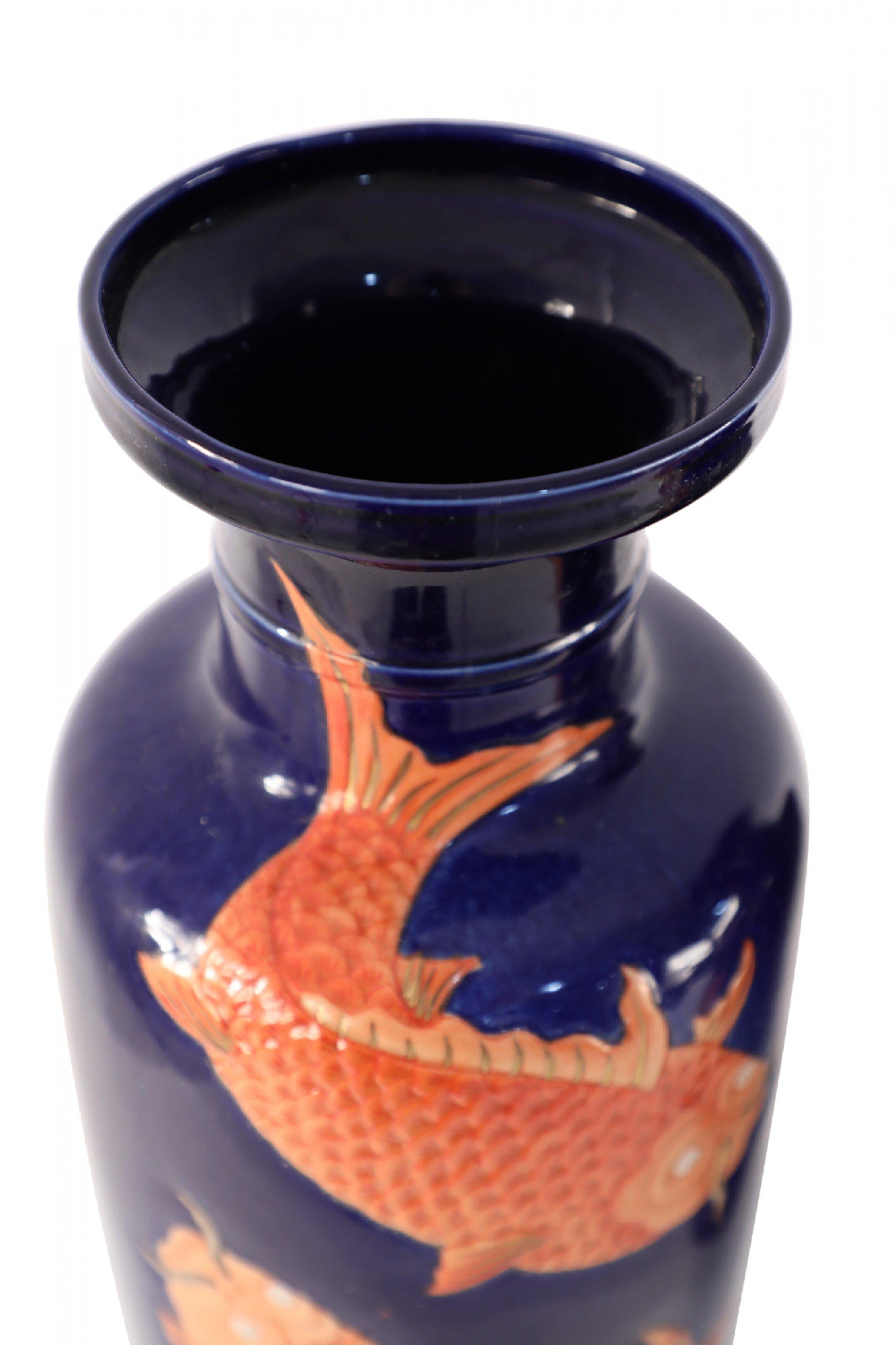 Pair of Chinese Blue and Orange Fish Design Porcelain Sleeve Vases For Sale 3