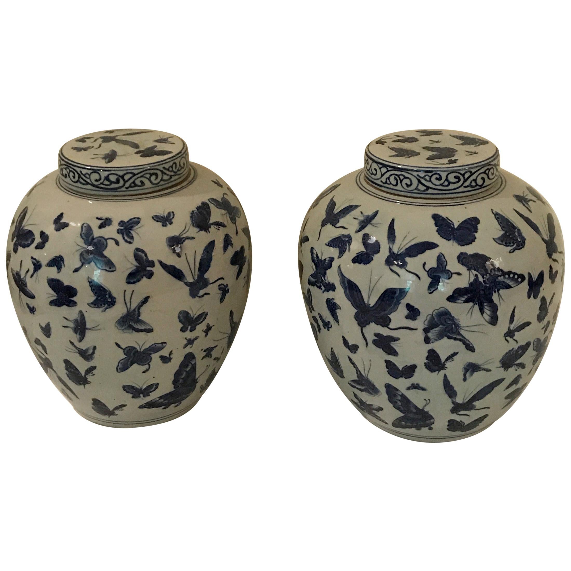 Pair of Chinese Blue and White Butterfly Ginger Jars
