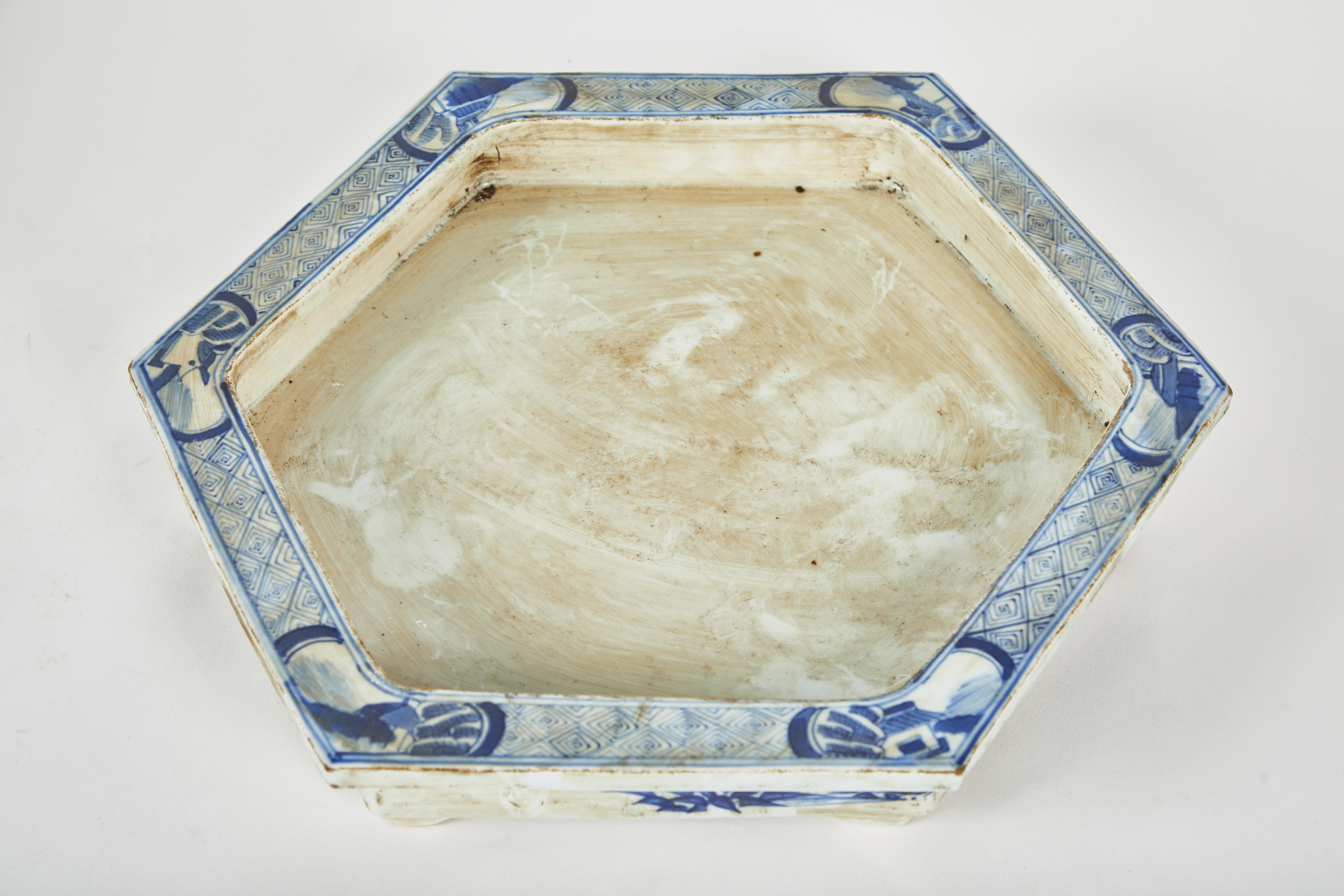 20th Century Pair of Chinese Blue and White Cachepots with Underplates