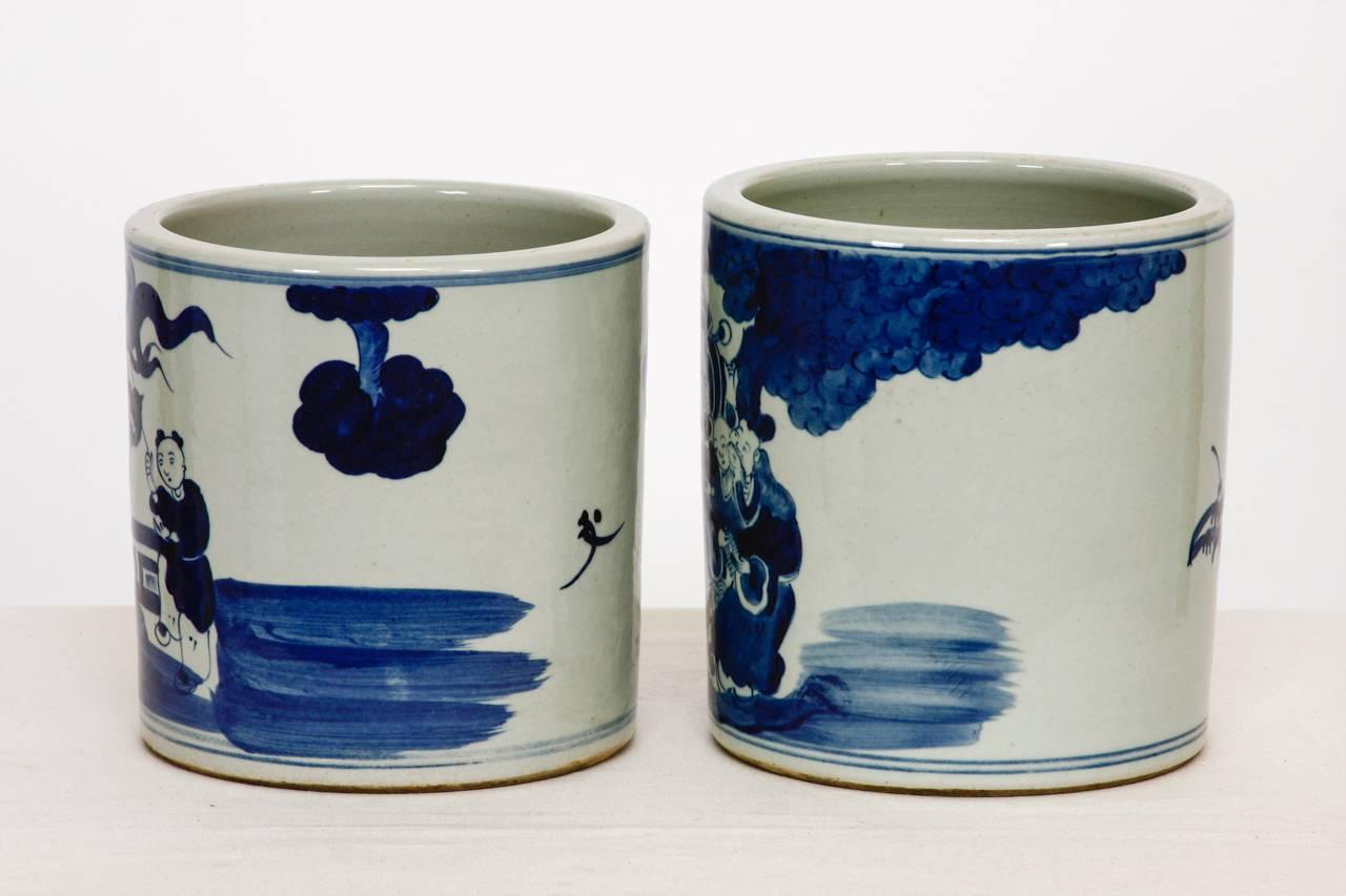 Chinese Export Pair of Chinese Blue and White Ceramic Brush Pots