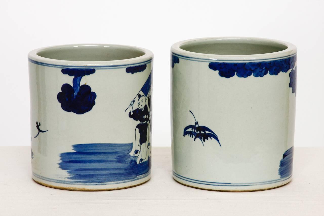 Hand-Crafted Pair of Chinese Blue and White Ceramic Brush Pots