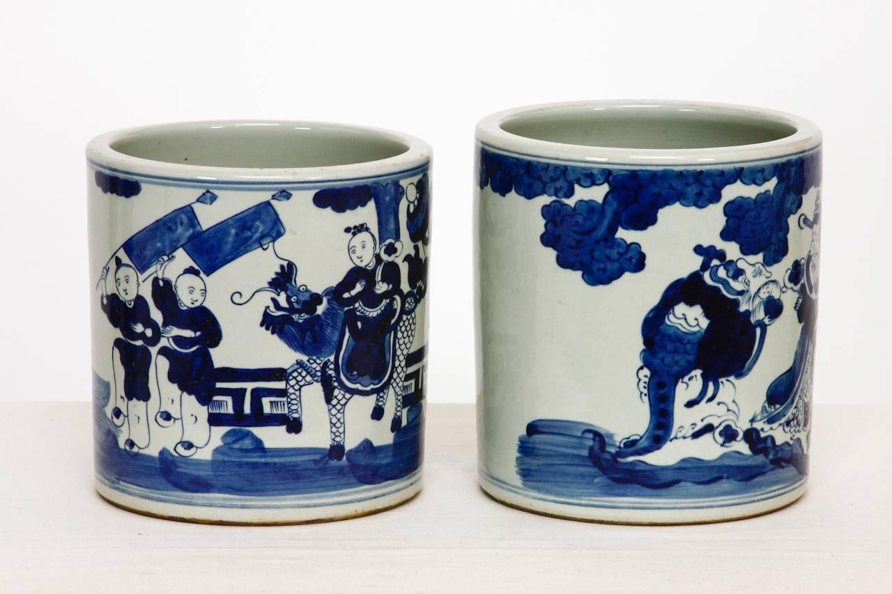 Pair of Chinese Blue and White Ceramic Brush Pots 2