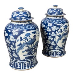 Pair Of Chinese Blue And White Covered Jars
