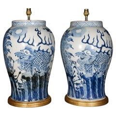 Pair of Chinese Blue and White Dogs of Fo Porcelain Table Lamps