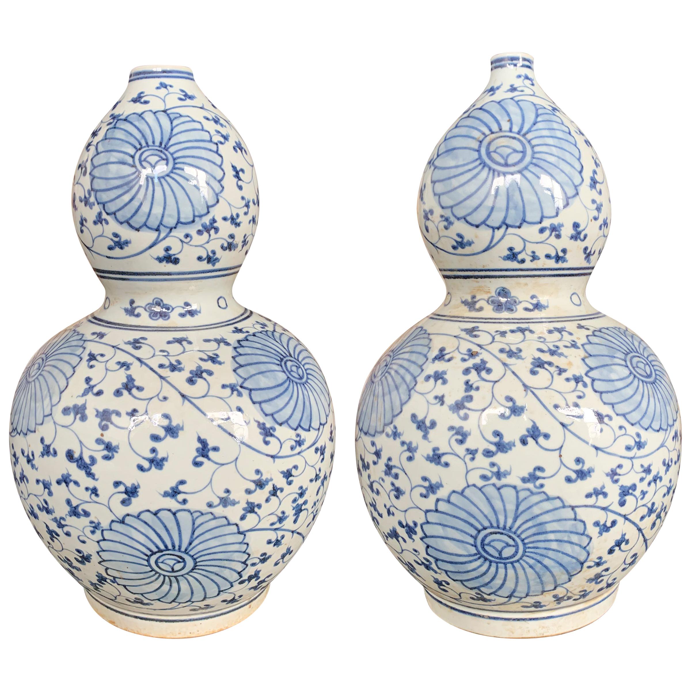 Pair of Chinese Blue and White Double-Gourd Vases