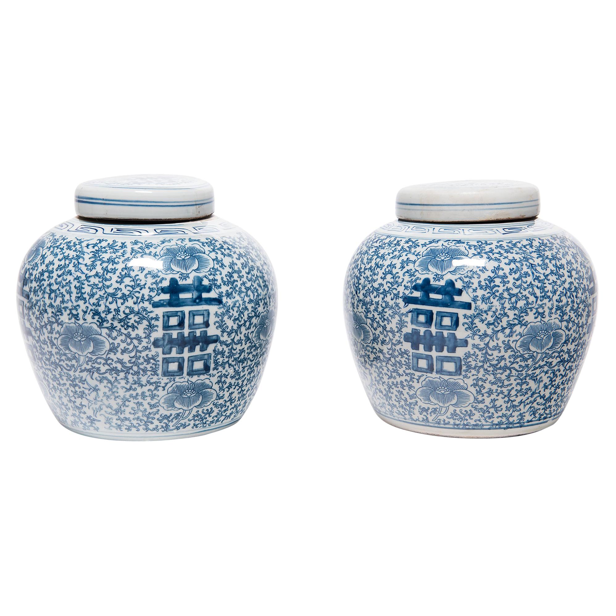 Double Happiness Blue and White Ceramic Ginger Jars, a Pair For Sale at