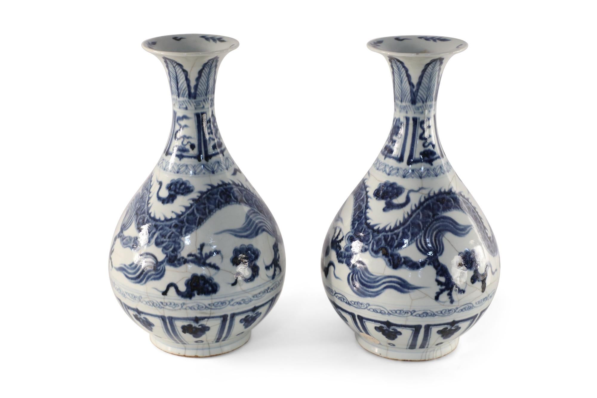 Chinese Export Pair of Chinese Blue and White Dragon Motif Jade Pot Spring Bottle Vases
