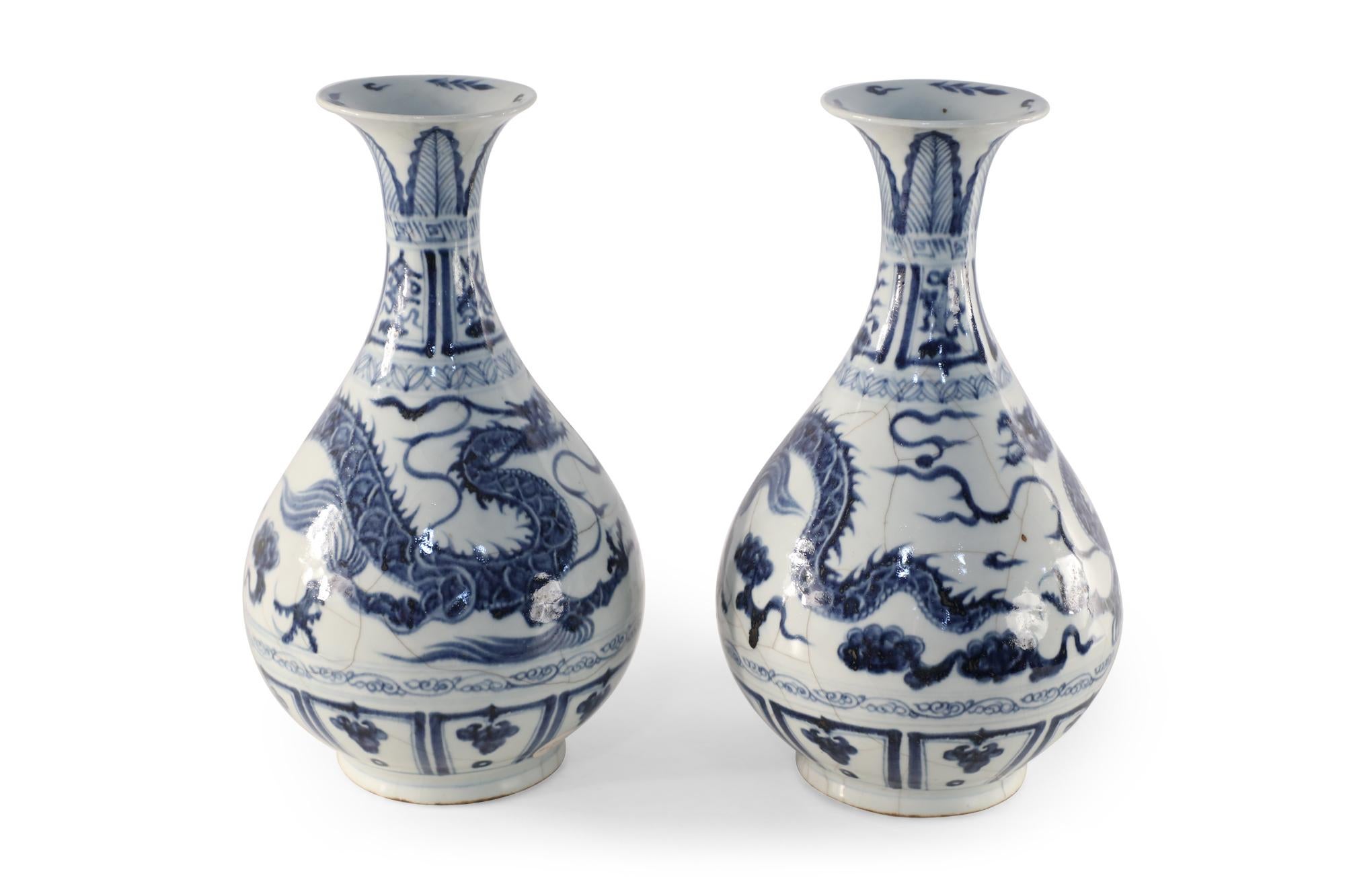 20th Century Pair of Chinese Blue and White Dragon Motif Jade Pot Spring Bottle Vases